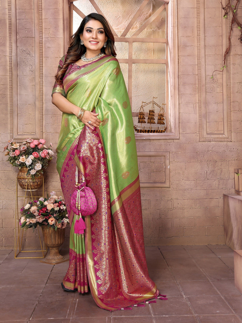 Vedant Vastram Tissue Silk Kanjeevaram Silk Saree - Parrot - Distacart