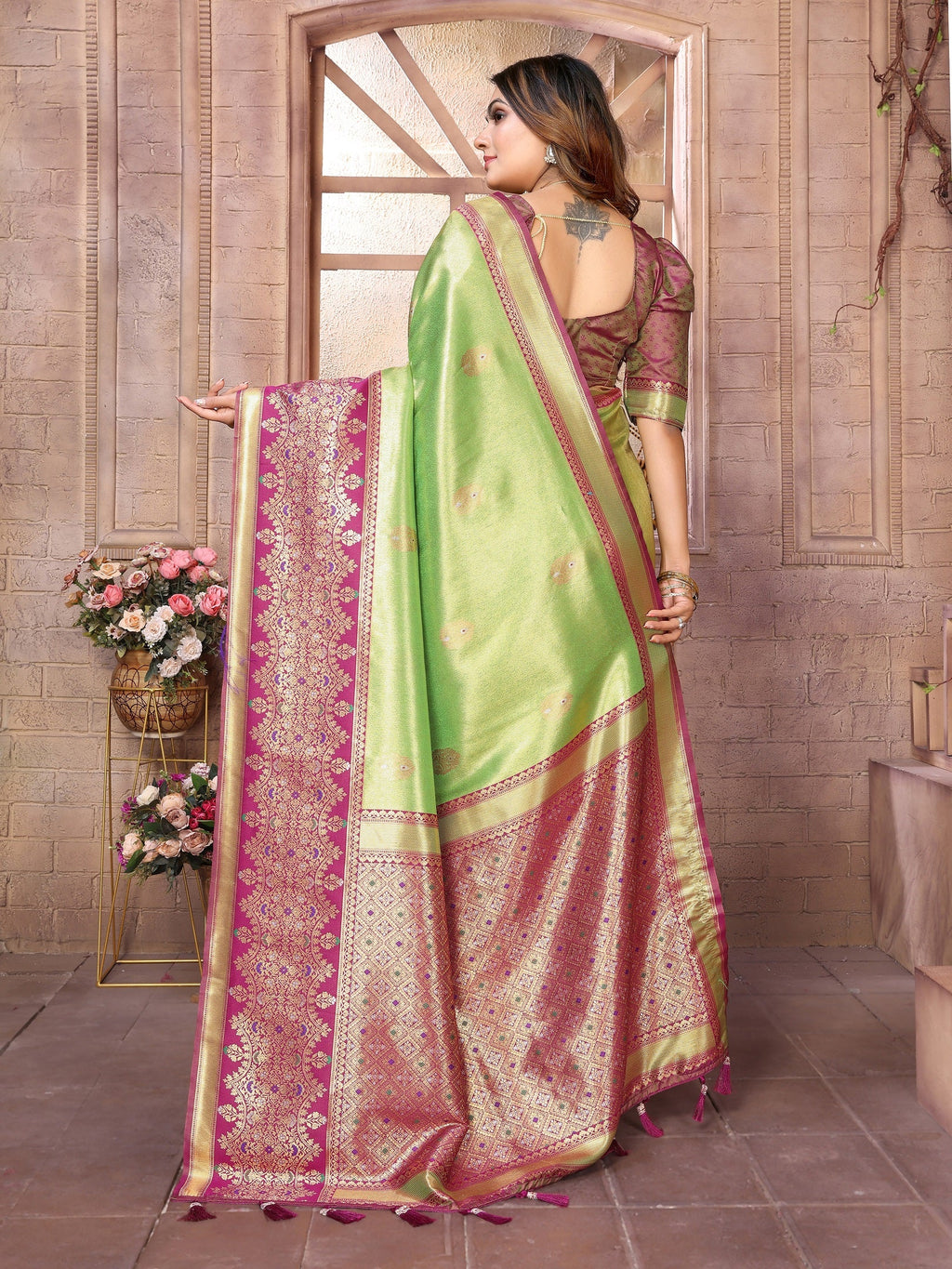 Vedant Vastram Tissue Silk Kanjeevaram Silk Saree - Parrot - Distacart