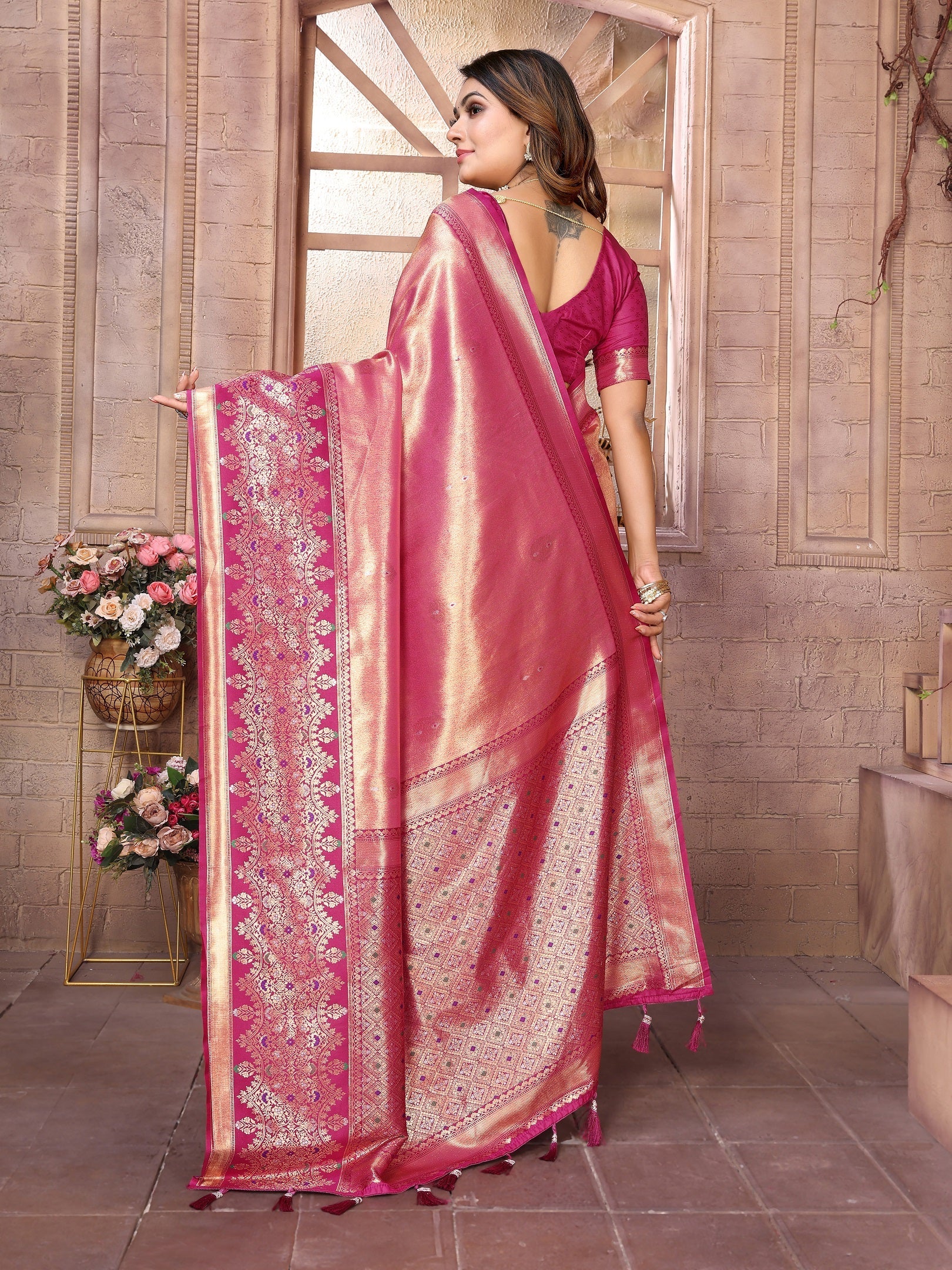 Vedant Vastram Tissue Silk Kanjeevaram Silk Saree - Pink - Distacart