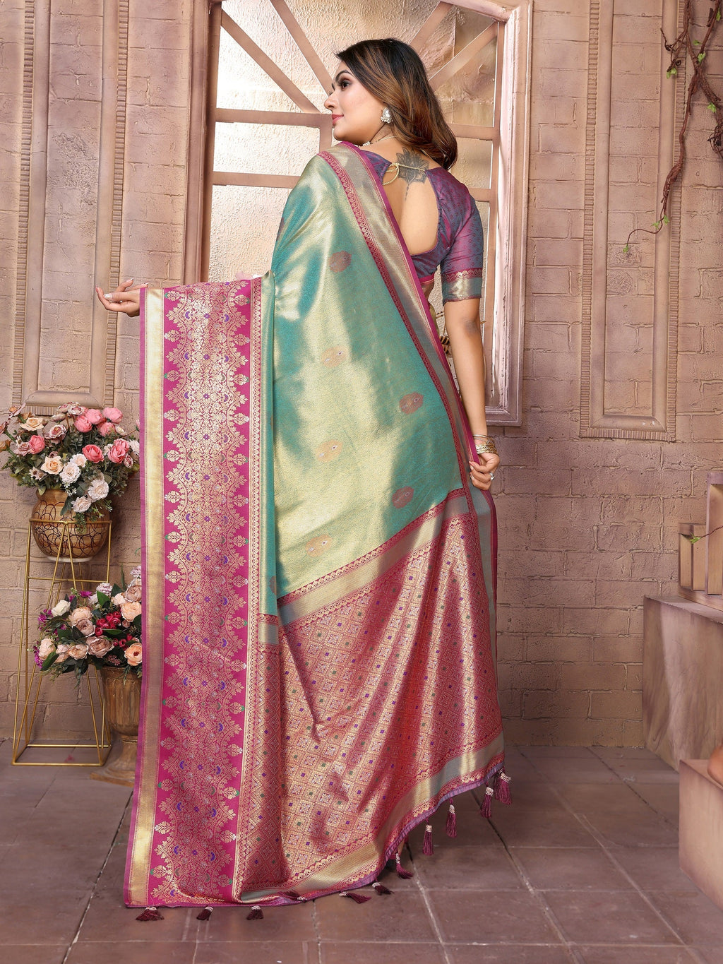 Vedant Vastram Tissue Silk Kanjeevaram Silk Saree - Pista - Distacart