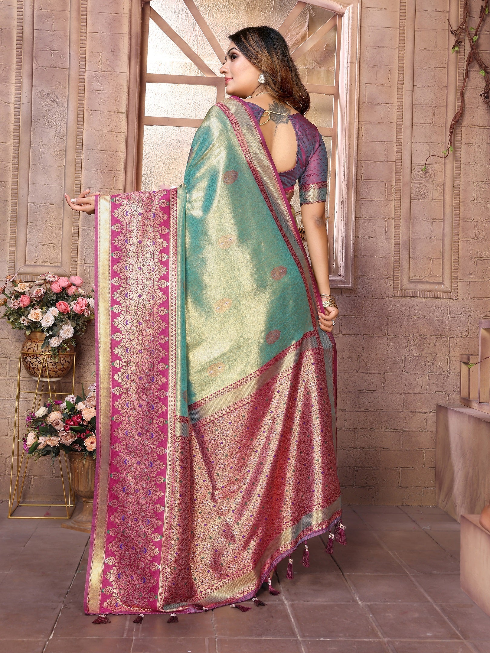 Vedant Vastram Tissue Silk Kanjeevaram Silk Saree - Pista - Distacart