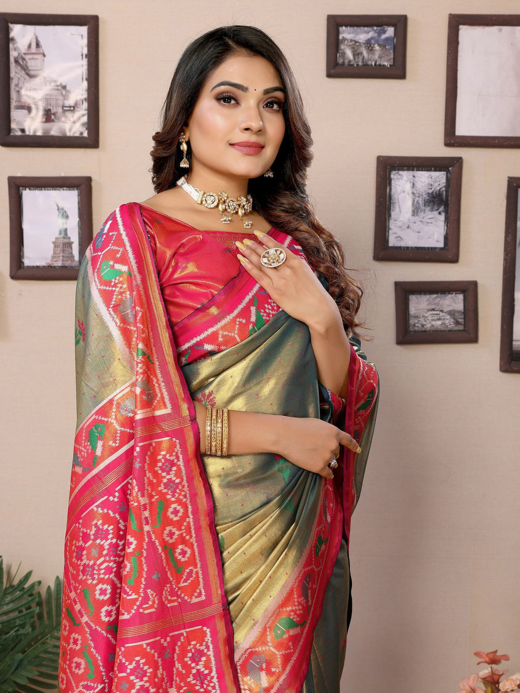 Vedant Vastram Tissue Silk Patola Design Kanjeevaram Silk Saree - Mahendi - Distacart