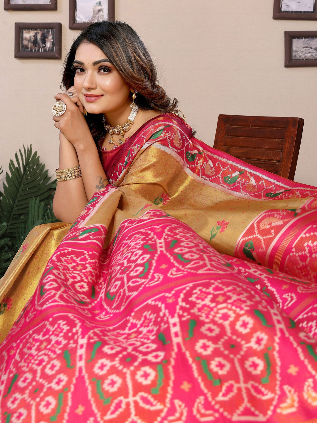 Vedant Vastram Tissue Silk Patola Design Kanjeevaram Silk Saree - Mustard - Distacart
