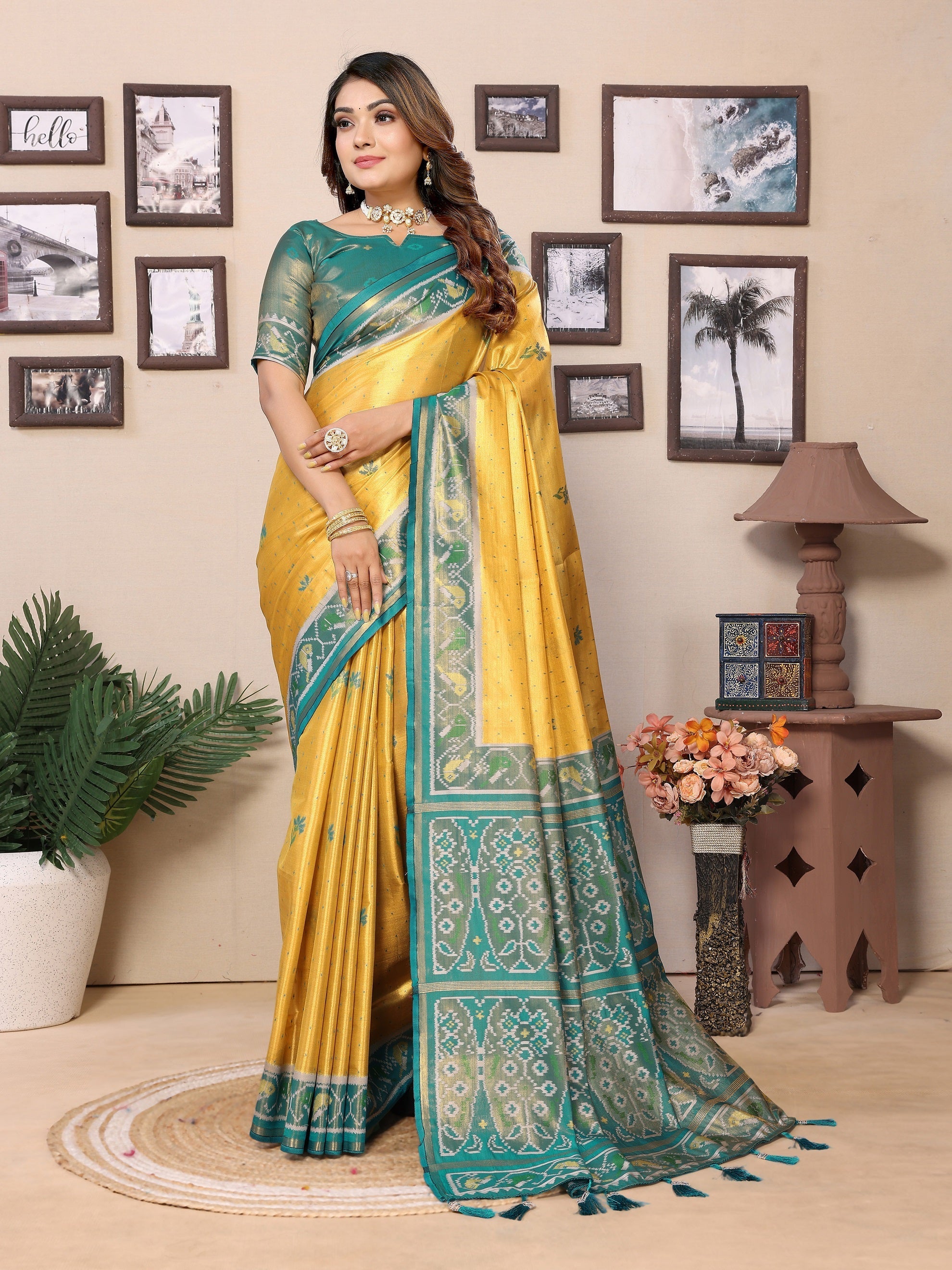 Vedant Vastram Tissue Silk Patola Design Kanjeevaram Silk Saree - Yellow