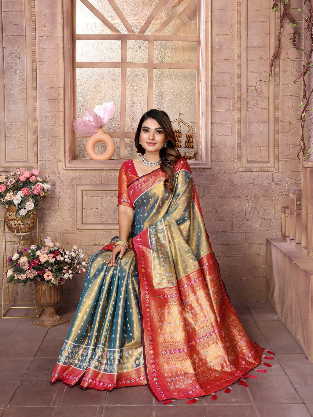 Vedant Vastram Tissue Silk Patola Design Kanjeevaram Silk Saree - Grey - Distacart