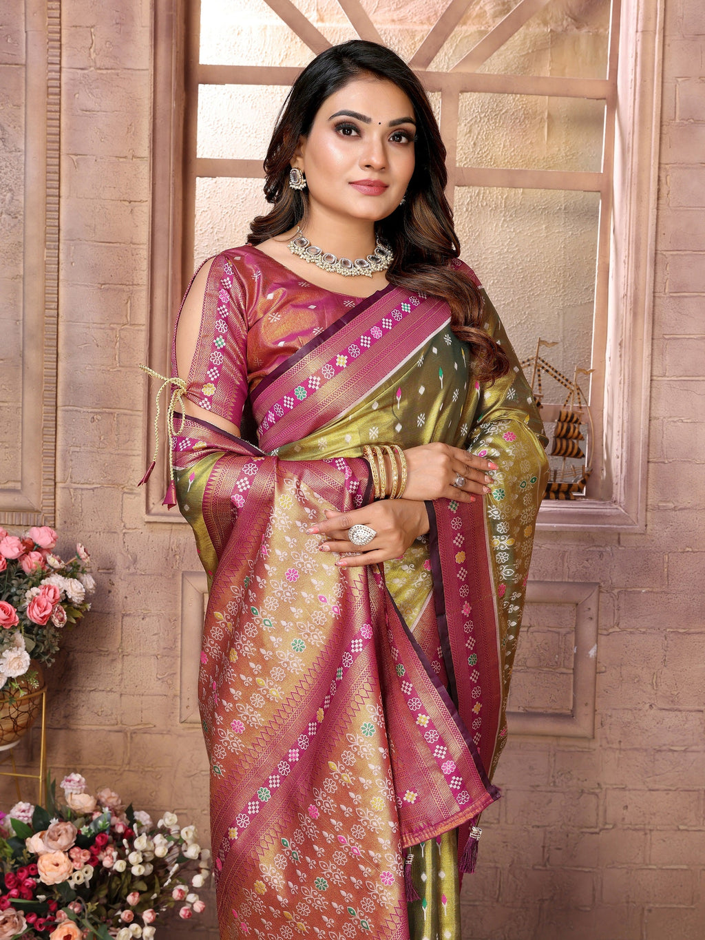 Vedant Vastram Tissue Silk Patola Design Kanjeevaram Silk Saree - Olive - Distacart