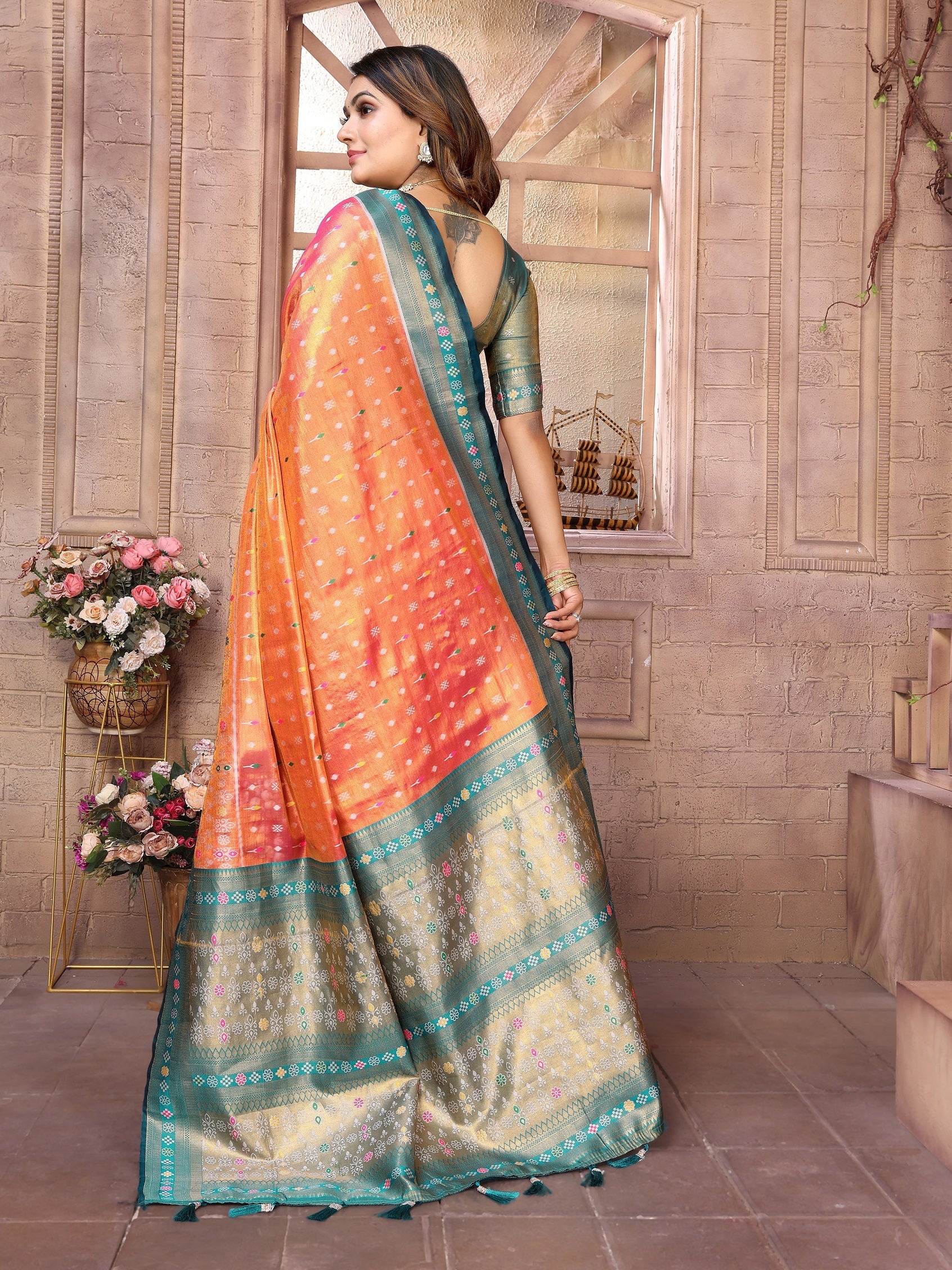 Vedant Vastram Tissue Silk Patola Design Kanjeevaram Silk Saree - Orange - Distacart
