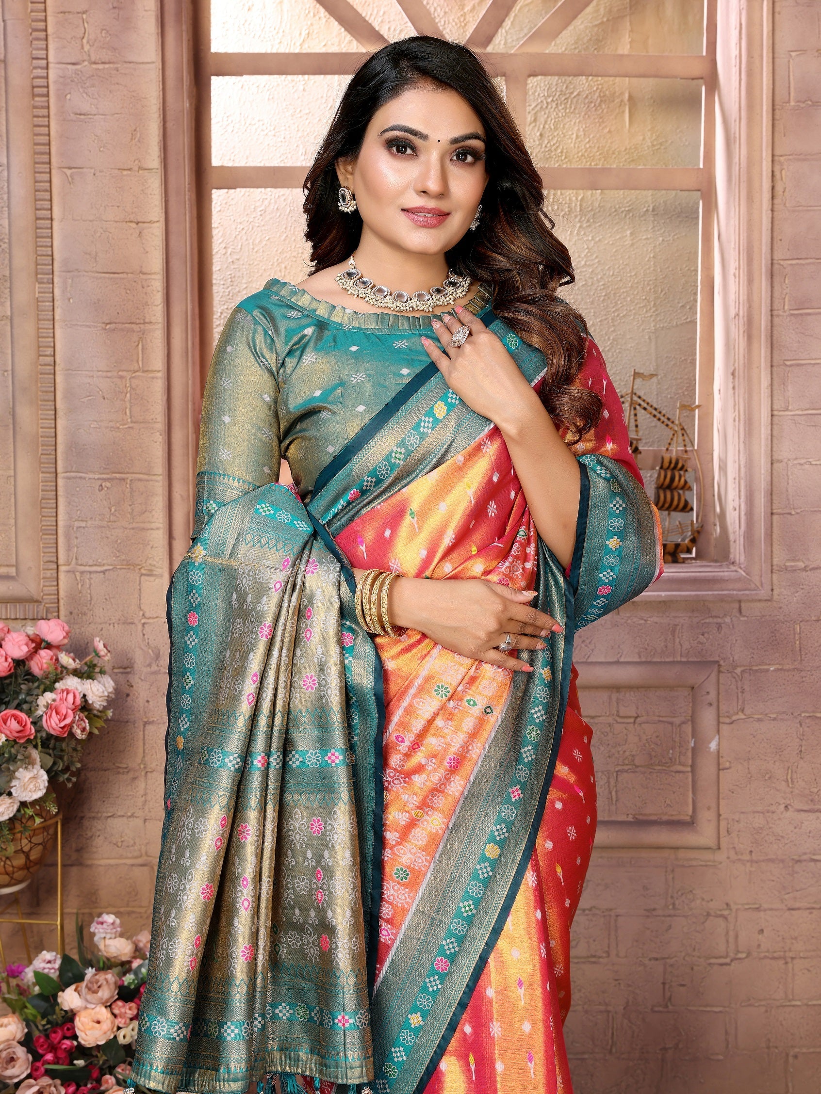 Vedant Vastram Tissue Silk Patola Design Kanjeevaram Silk Saree - Orange - Distacart