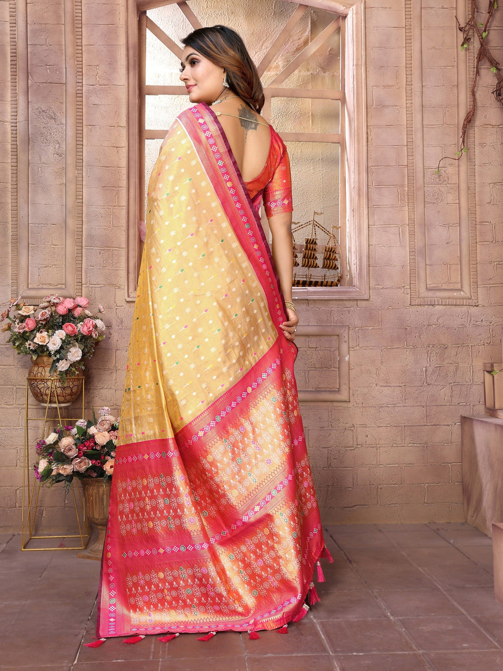 Vedant Vastram Tissue Silk Patola Design Kanjeevaram Silk Saree - Pink - Distacart