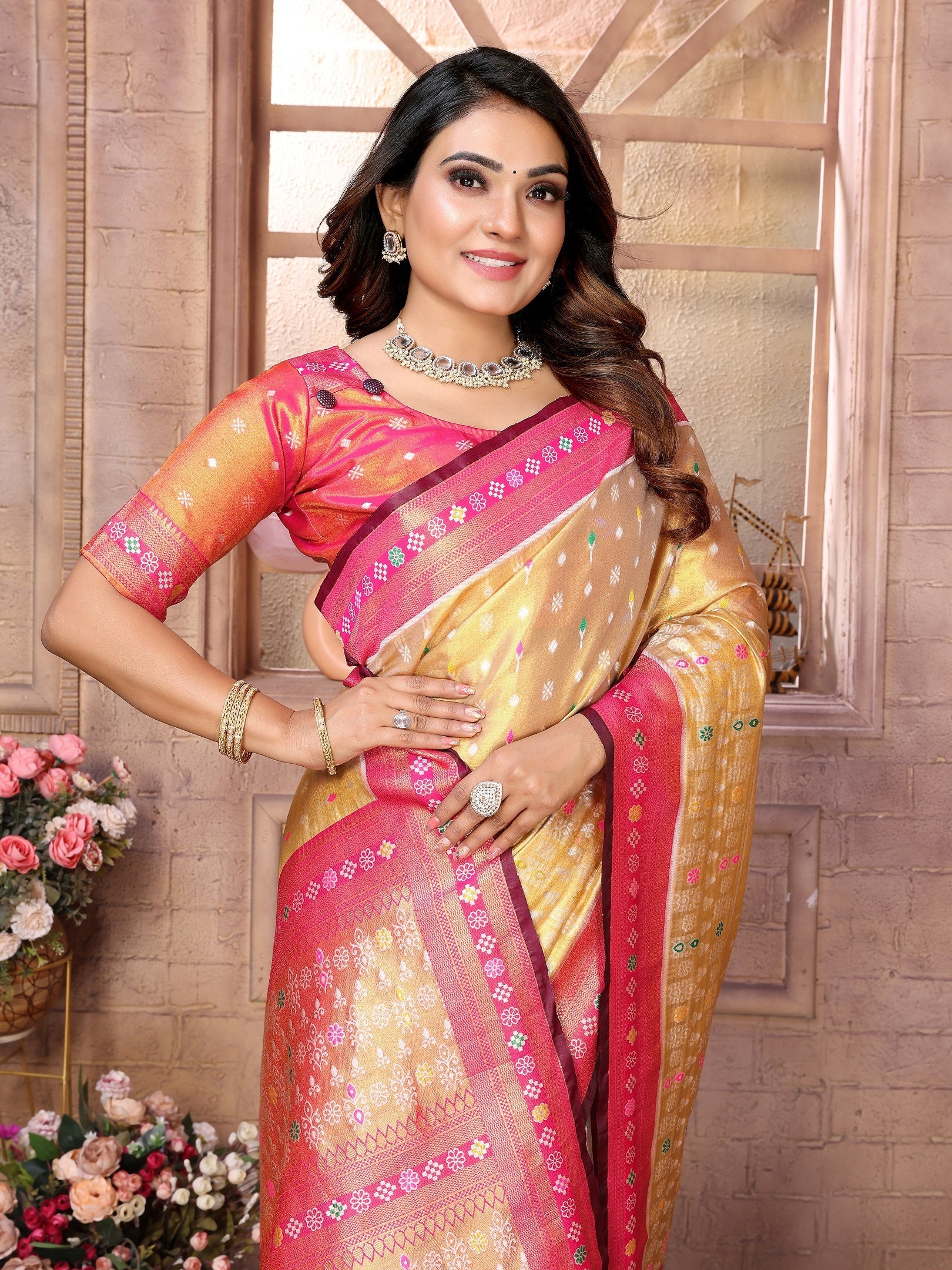 Vedant Vastram Tissue Silk Patola Design Kanjeevaram Silk Saree - Pink - Distacart
