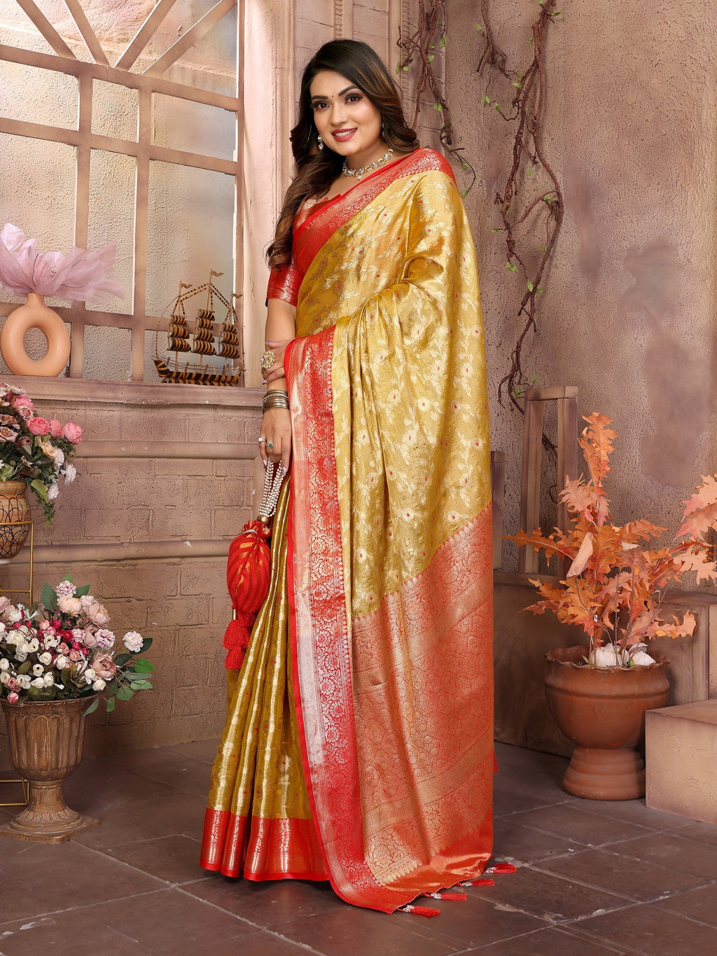 Vedant Vastram Tissue Silk Kanjeevaram Silk Saree - Mustard