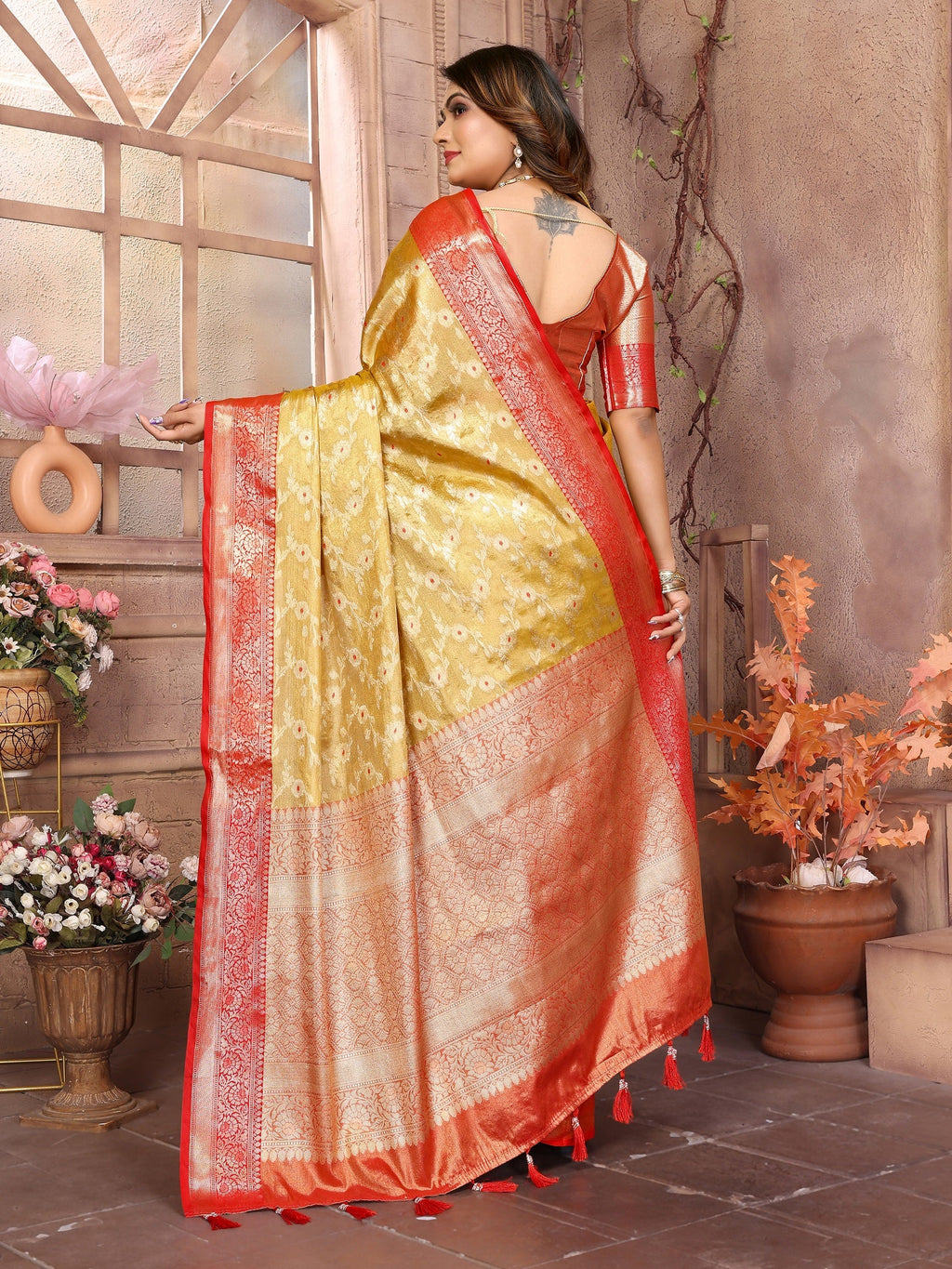 Vedant Vastram Tissue Silk Kanjeevaram Silk Saree - Mustard