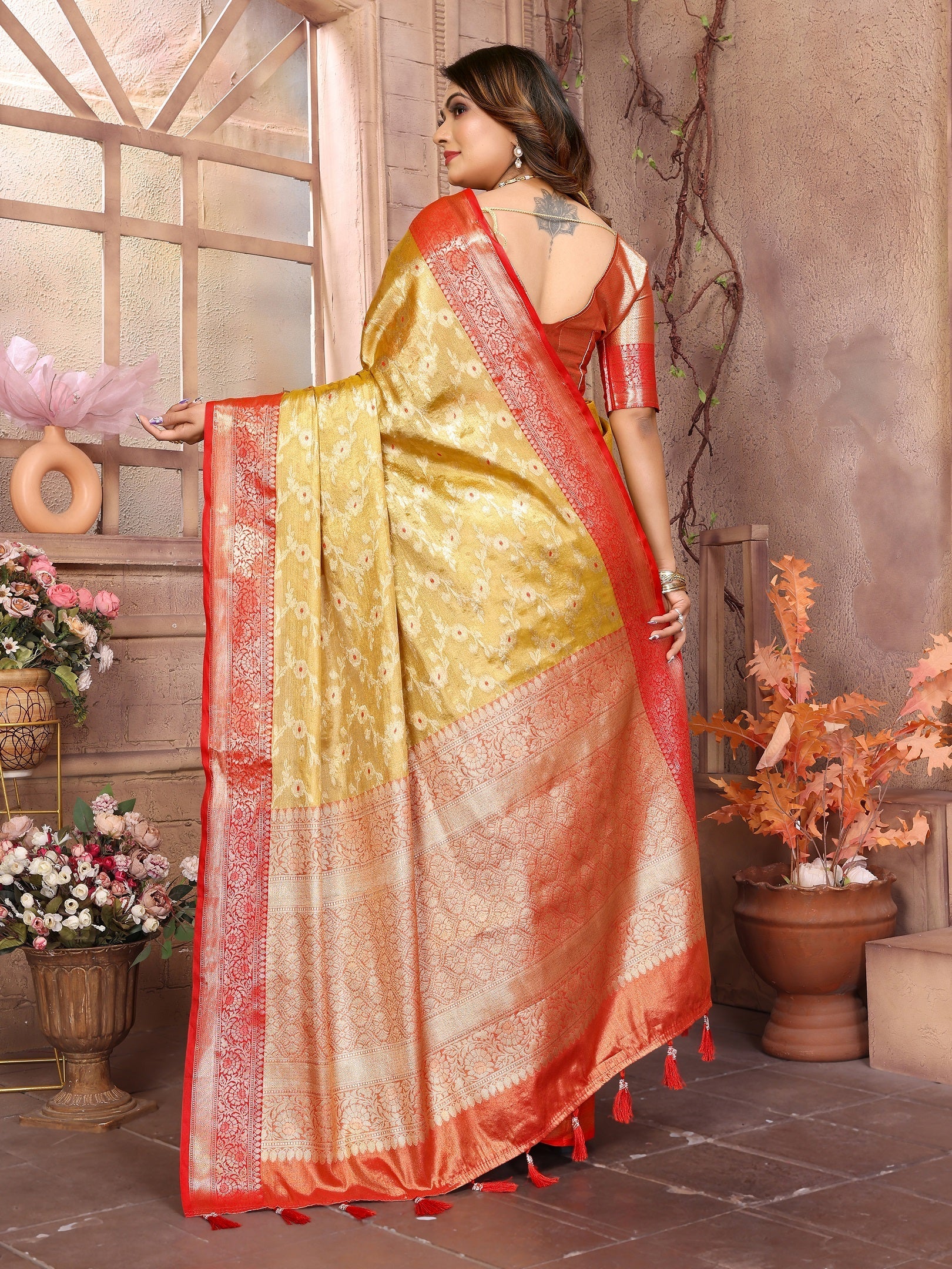 Vedant Vastram Tissue Silk Kanjeevaram Silk Saree - Mustard