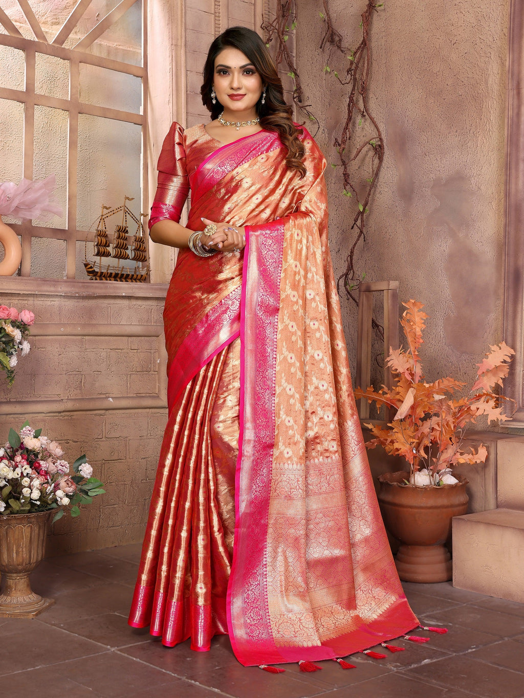 Vedant Vastram Tissue Silk Kanjeevaram Silk Saree - Orange