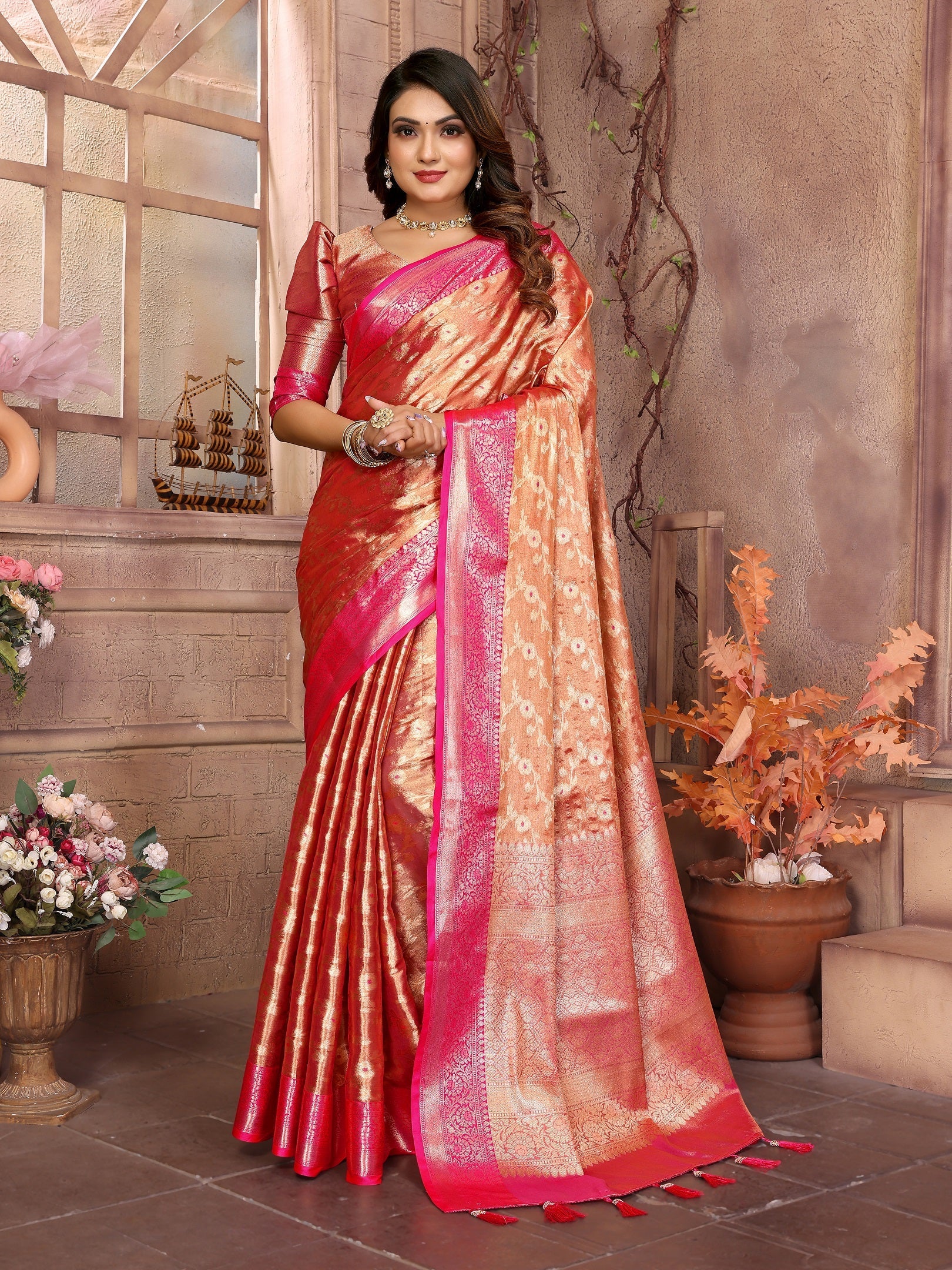 Vedant Vastram Tissue Silk Kanjeevaram Silk Saree - Orange