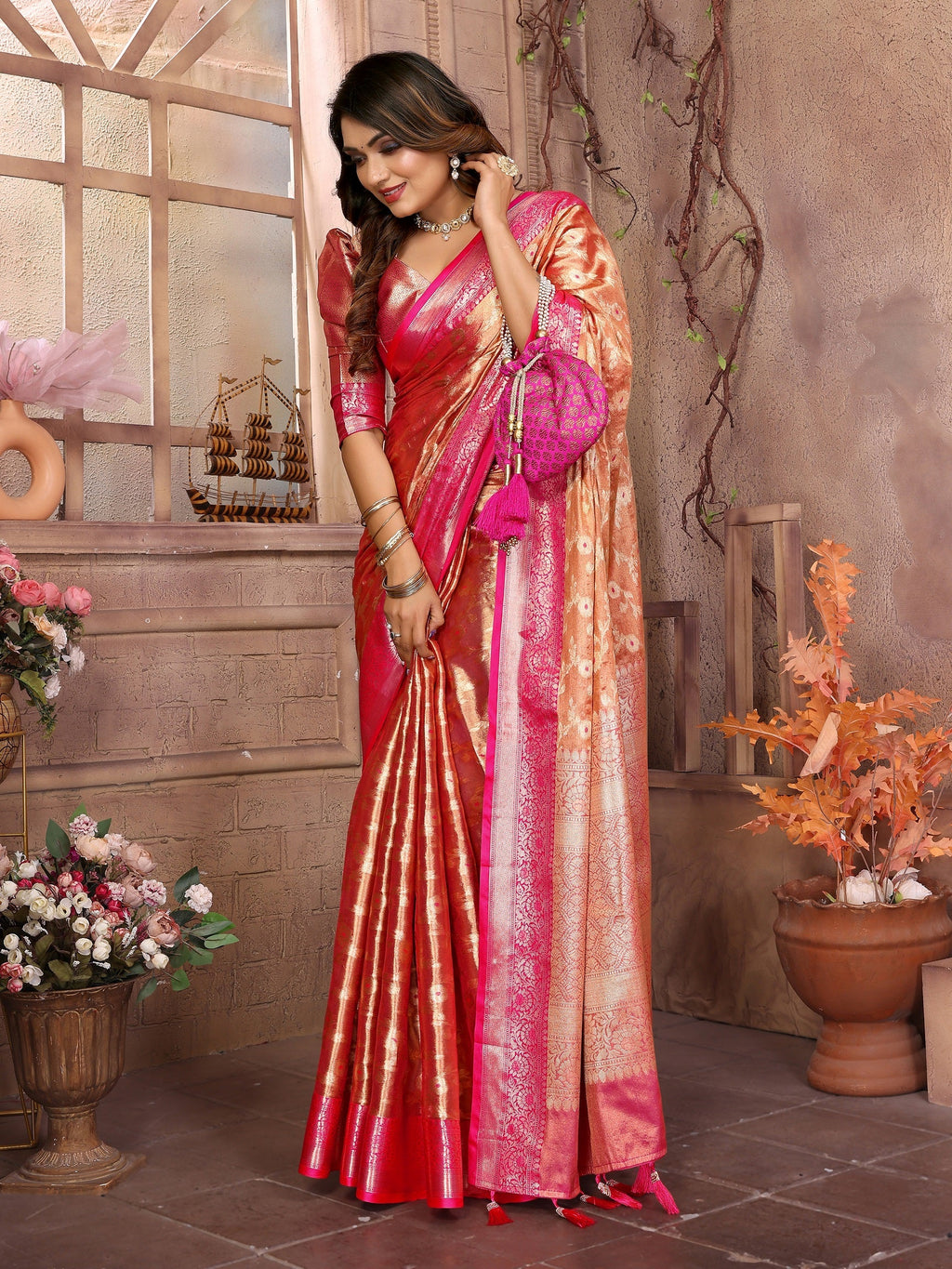 Vedant Vastram Tissue Silk Kanjeevaram Silk Saree - Orange