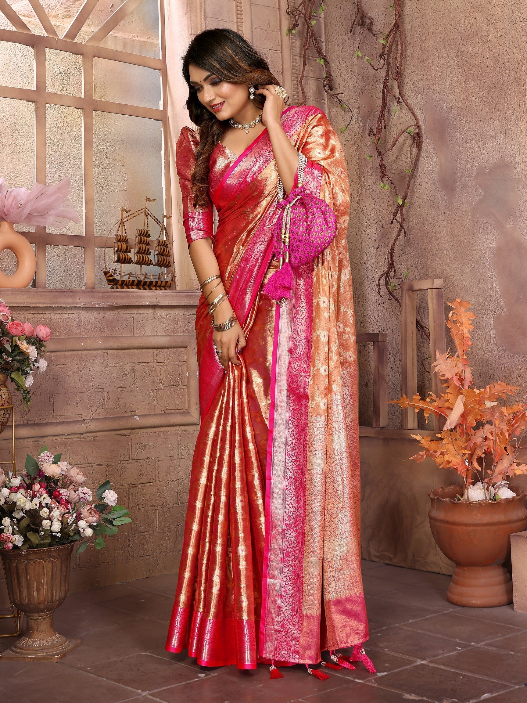 Vedant Vastram Tissue Silk Kanjeevaram Silk Saree - Orange