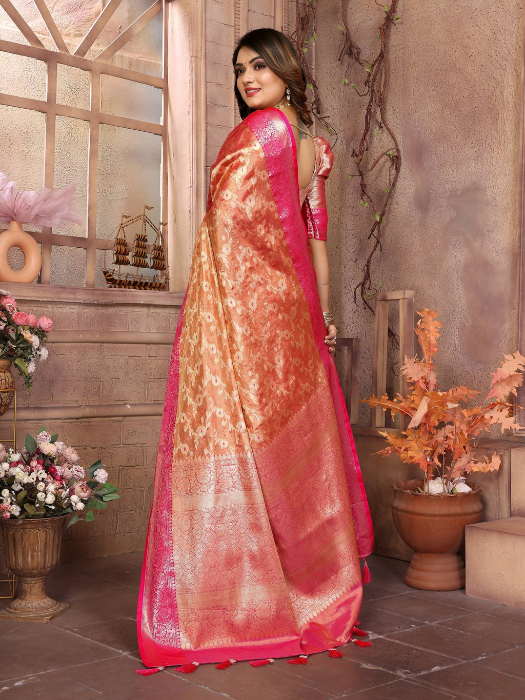 Vedant Vastram Tissue Silk Kanjeevaram Silk Saree - Orange