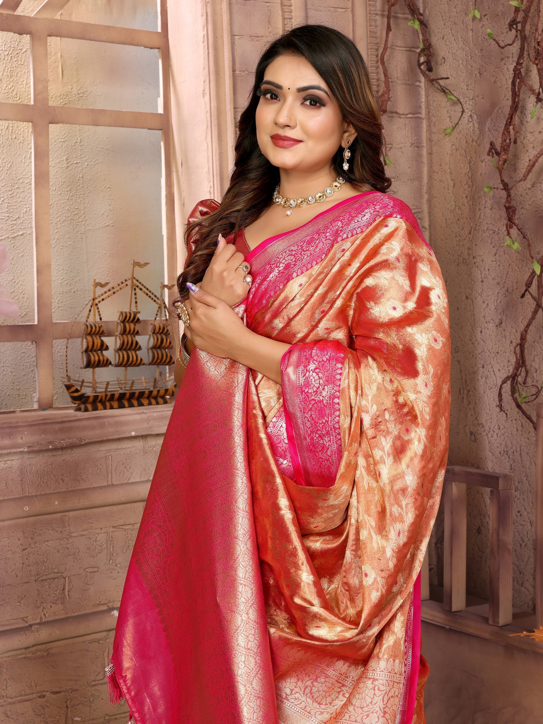 Vedant Vastram Tissue Silk Kanjeevaram Silk Saree - Orange
