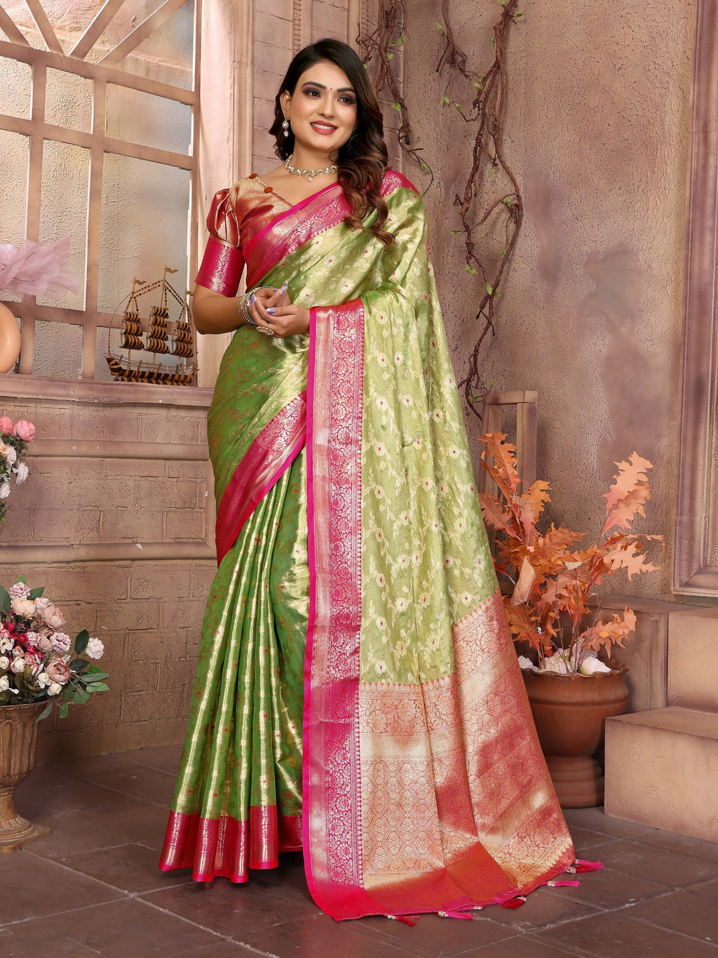 Vedant Vastram Tissue Silk Kanjeevaram Silk Saree - Parrot