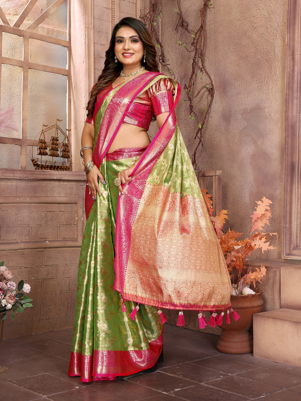Vedant Vastram Tissue Silk Kanjeevaram Silk Saree - Parrot