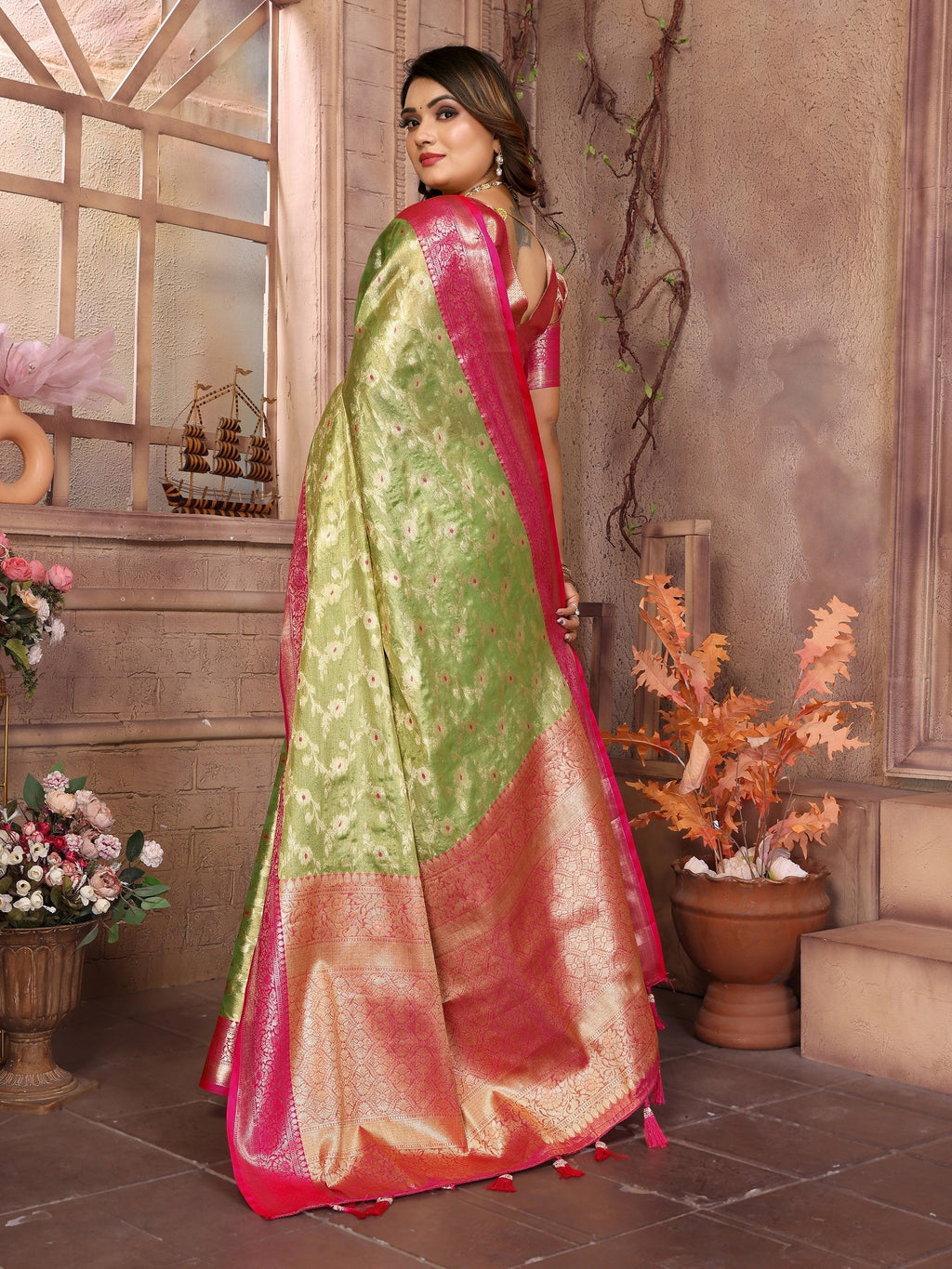 Vedant Vastram Tissue Silk Kanjeevaram Silk Saree - Parrot