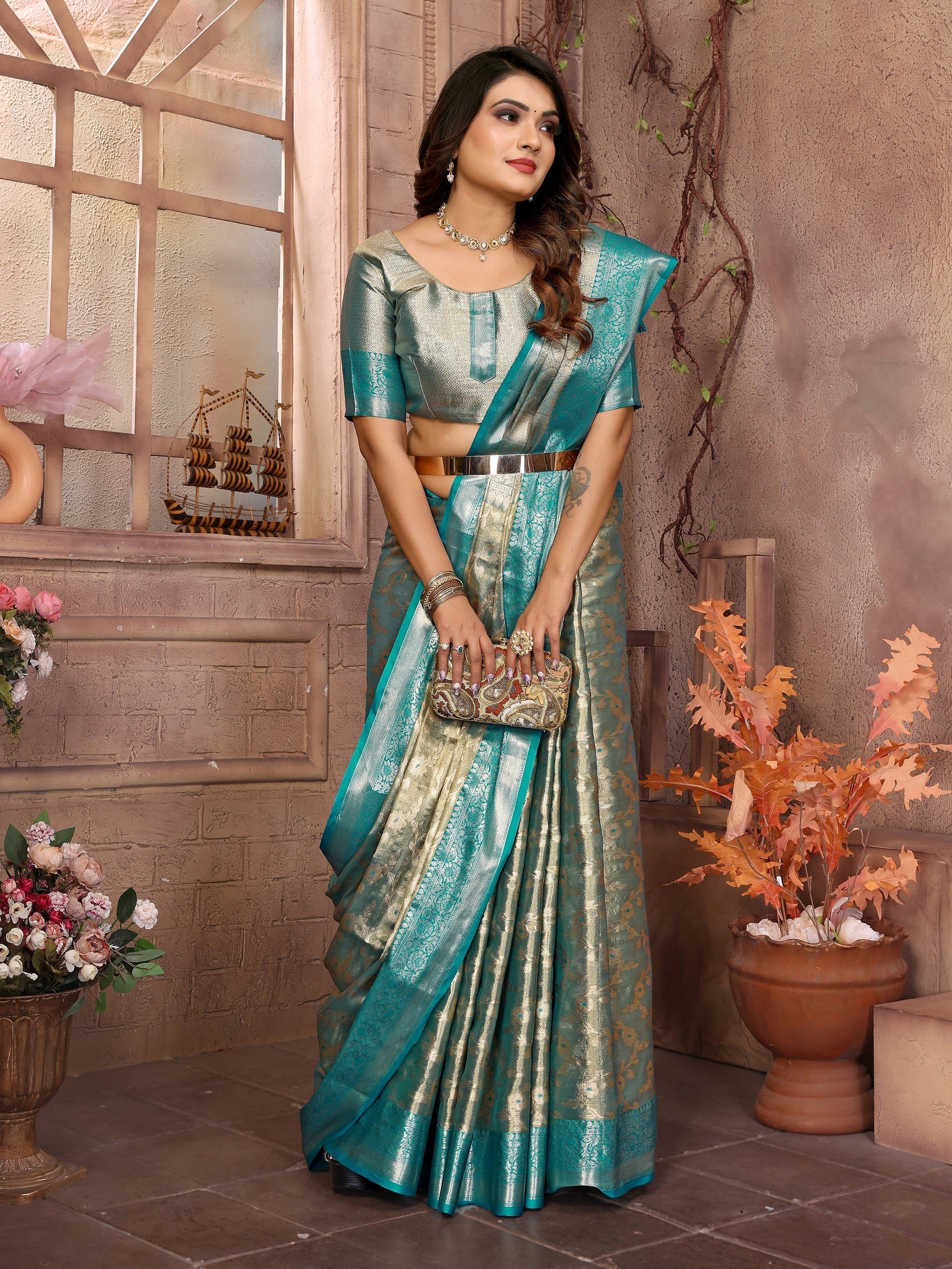 Vedant Vastram Tissue Silk Kanjeevaram Silk Saree - Rama