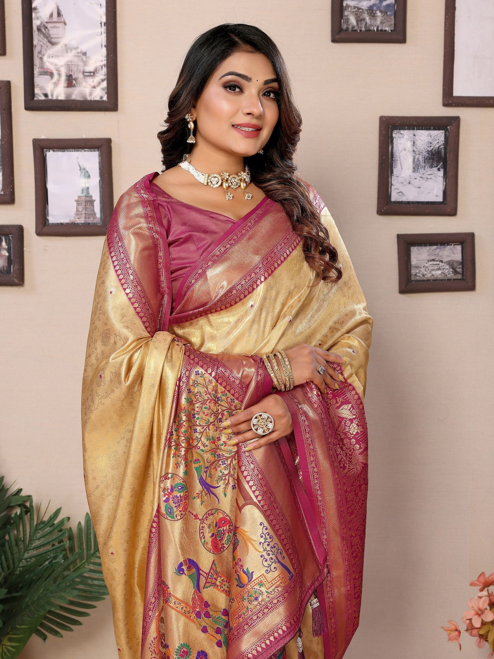 Vedant Vastram Tissue Silk Paithani Silk Saree - Beige - Distacart