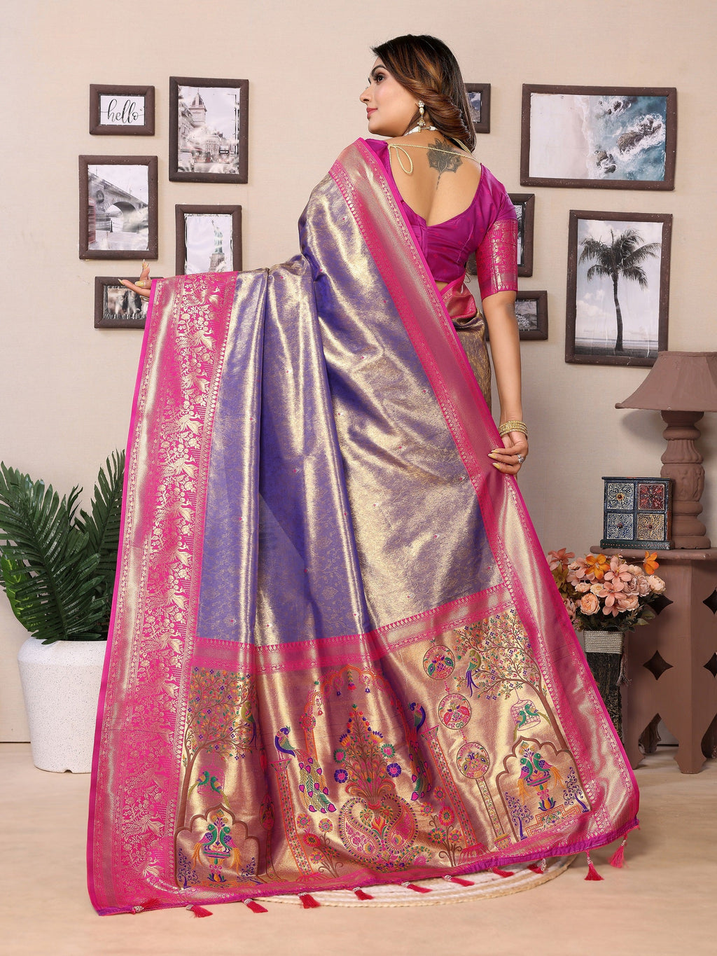 Vedant Vastram Tissue Silk Paithani Silk Saree - Blue - Distacart