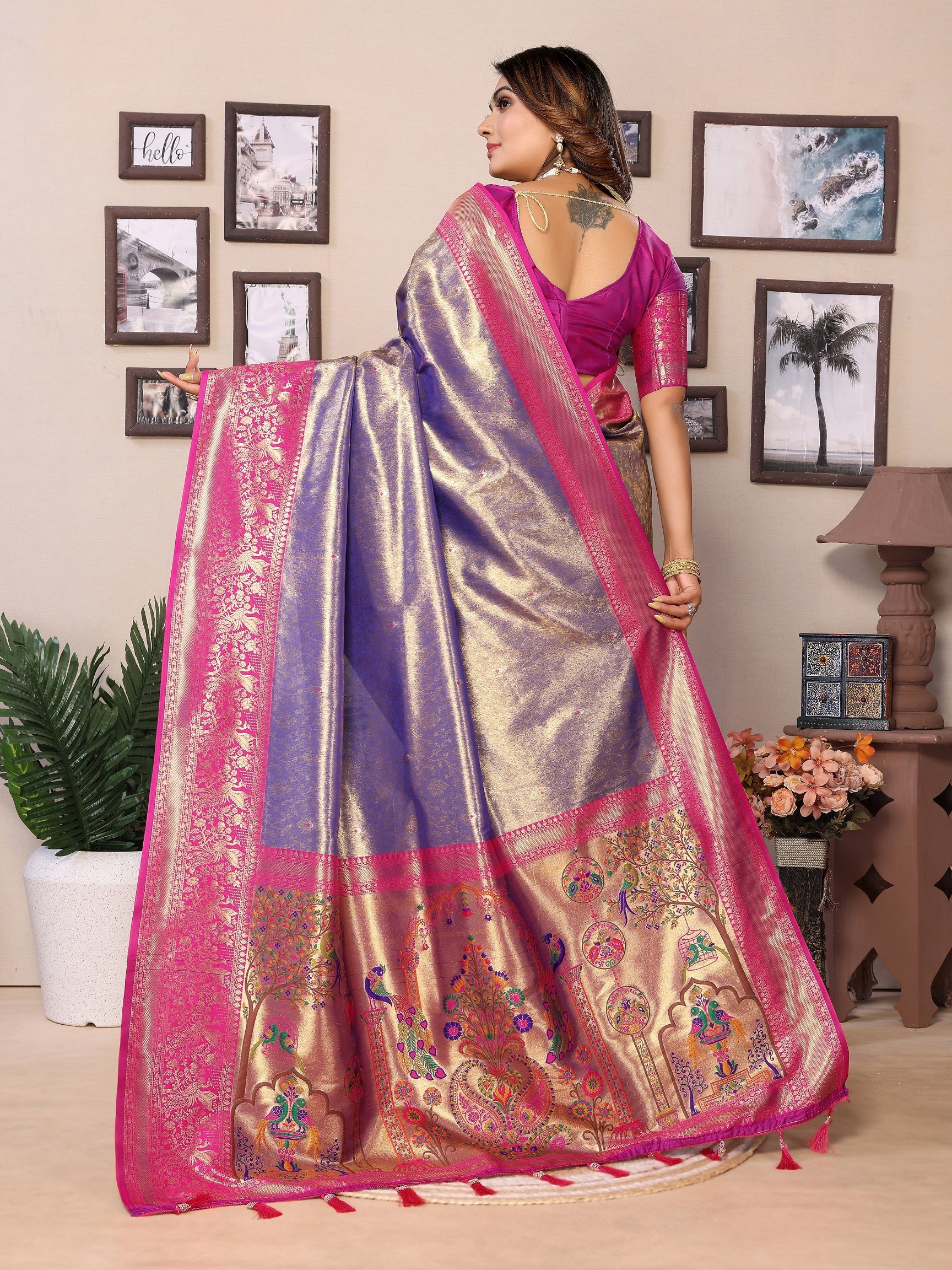Vedant Vastram Tissue Silk Paithani Silk Saree - Blue - Distacart