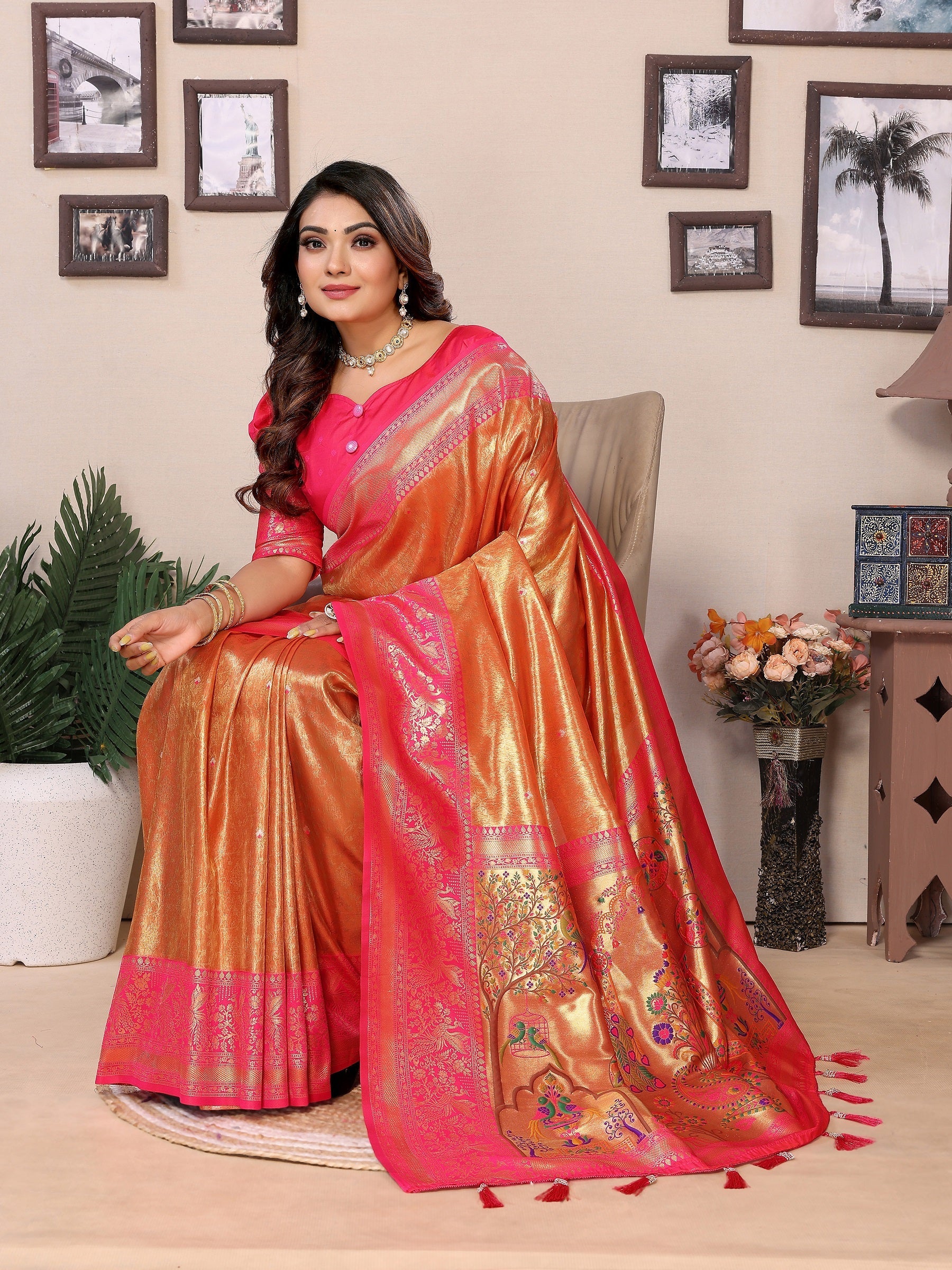Vedant Vastram Tissue Silk Paithani Silk Saree - Orange - Distacart