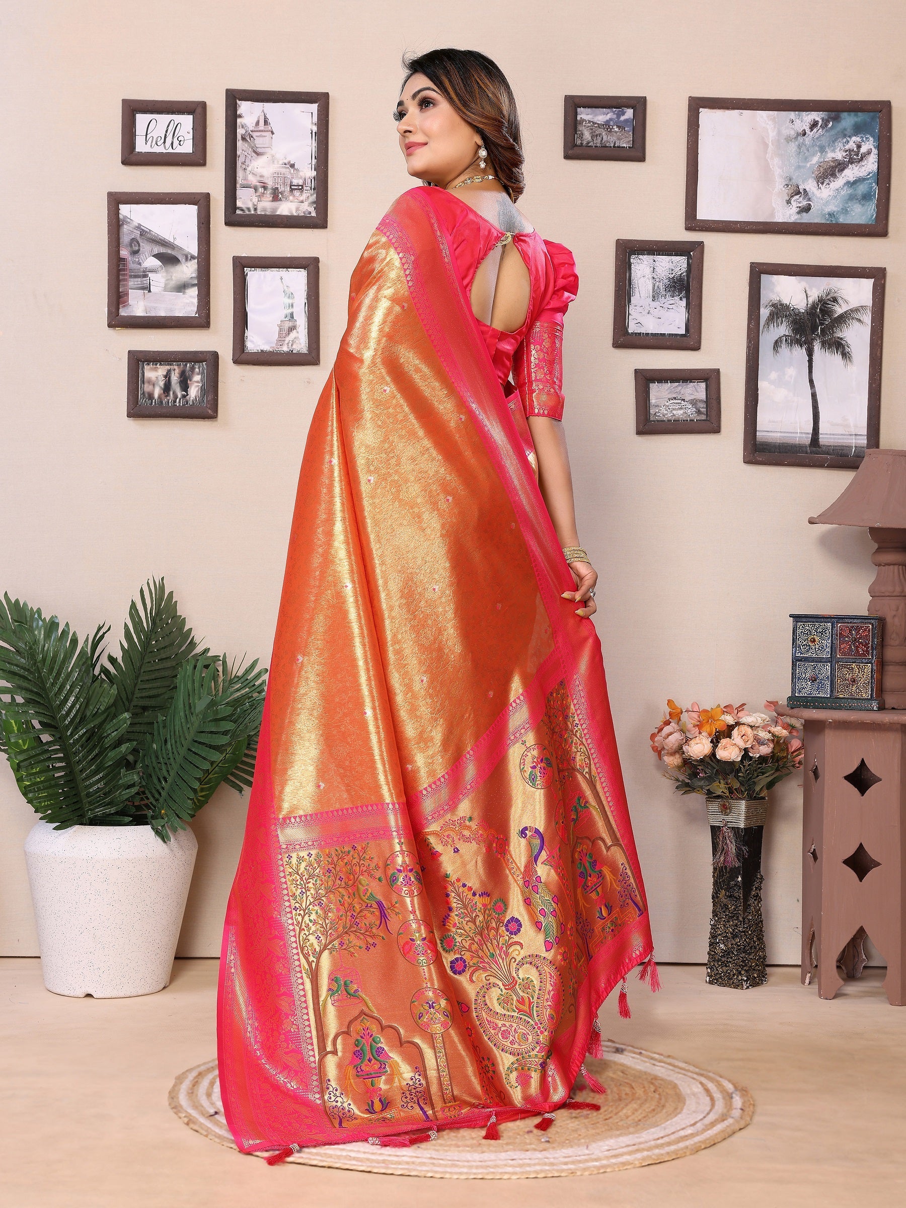 Vedant Vastram Tissue Silk Paithani Silk Saree - Orange - Distacart