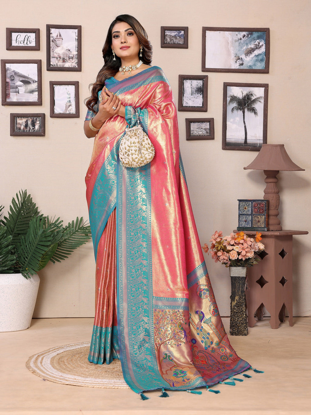 Vedant Vastram Tissue Silk Paithani Silk Saree - Peach - Distacart