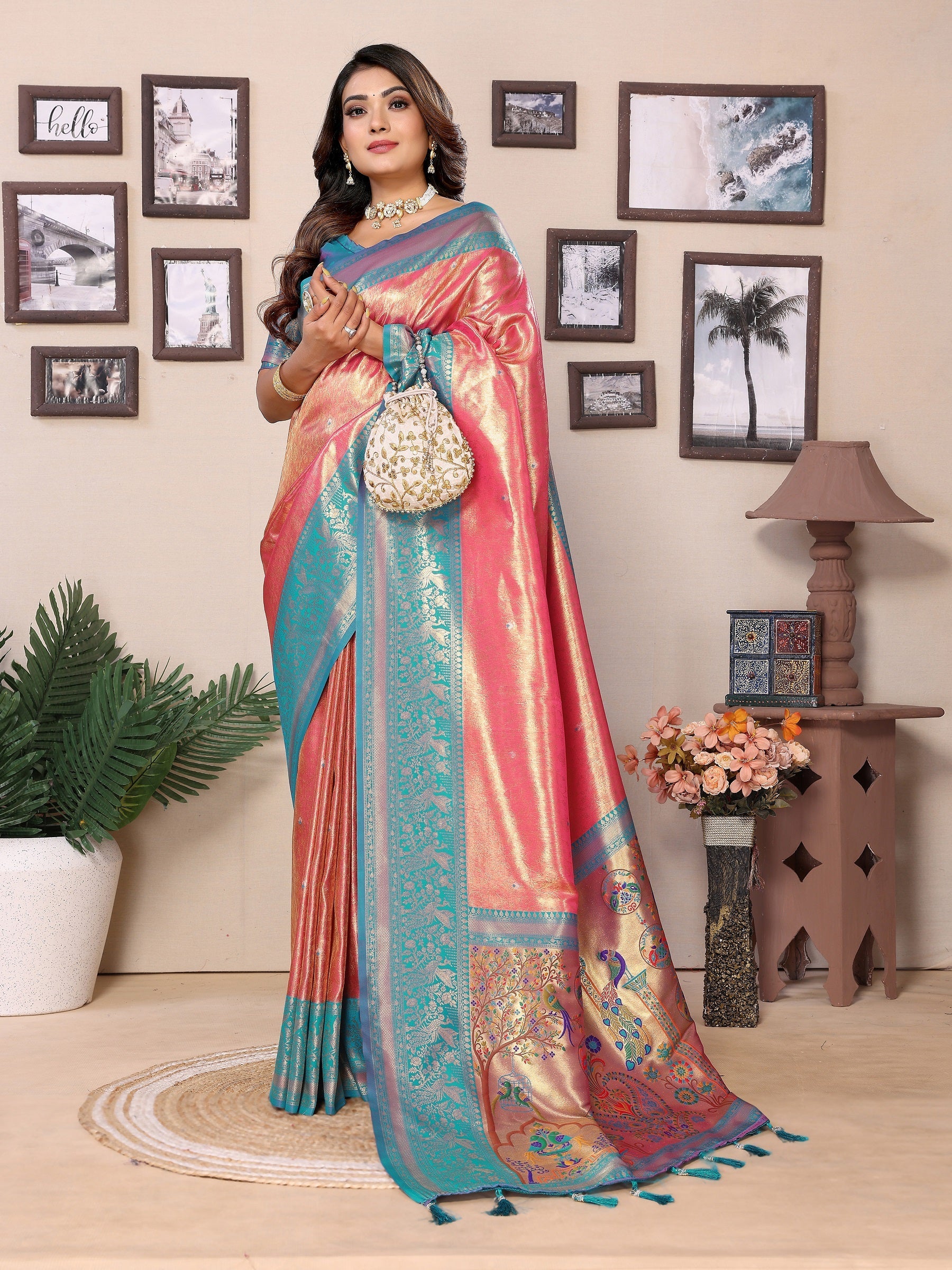 Vedant Vastram Tissue Silk Paithani Silk Saree - Peach - Distacart
