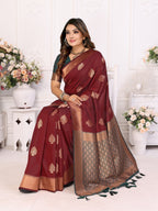 Vedant Vastram Soft Litchi Silk Banarasi Silk Saree - Maroon - Distacart