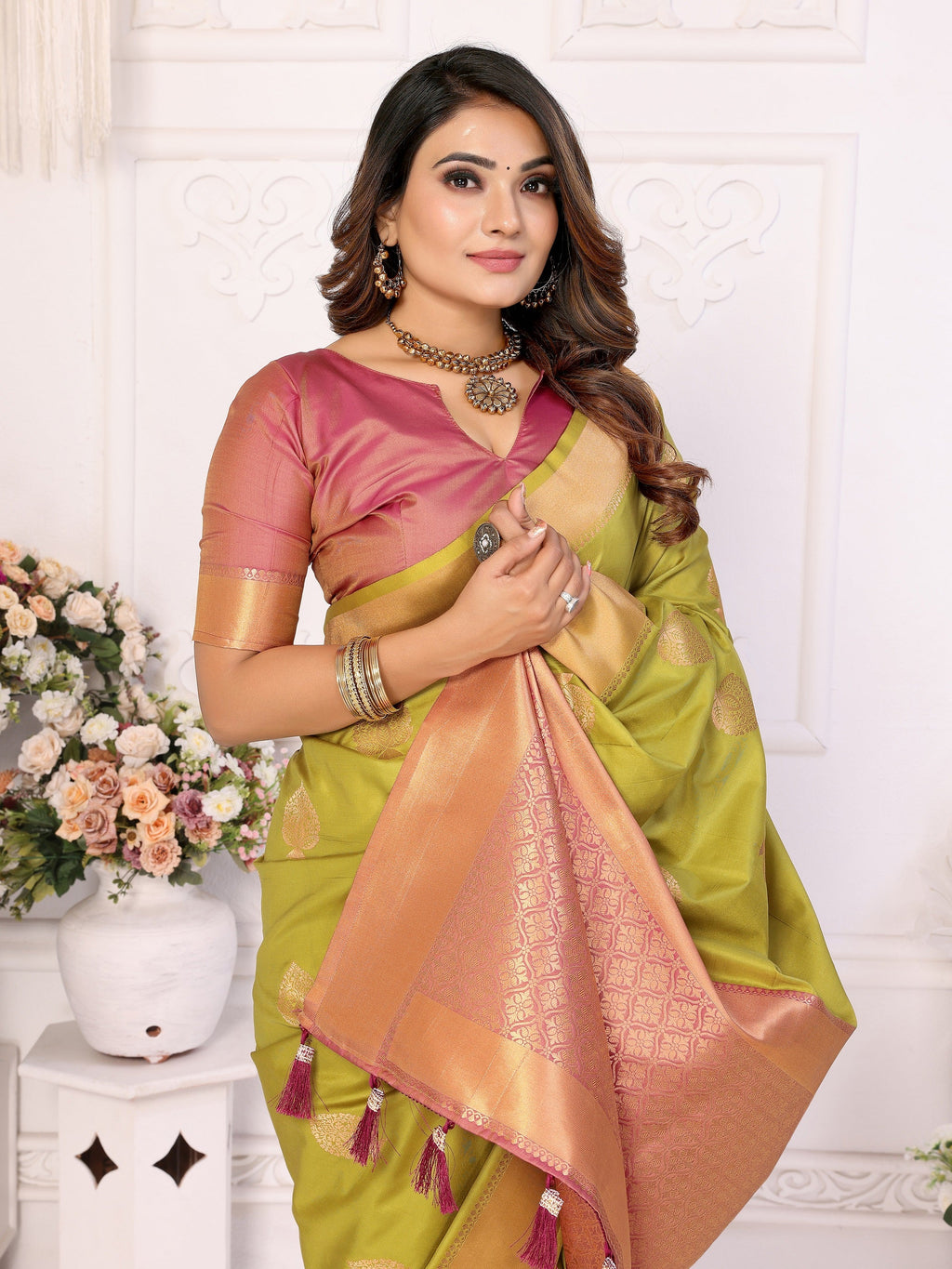 Vedant Vastram Soft Litchi Silk Banarasi Silk Saree - Olive - Distacart