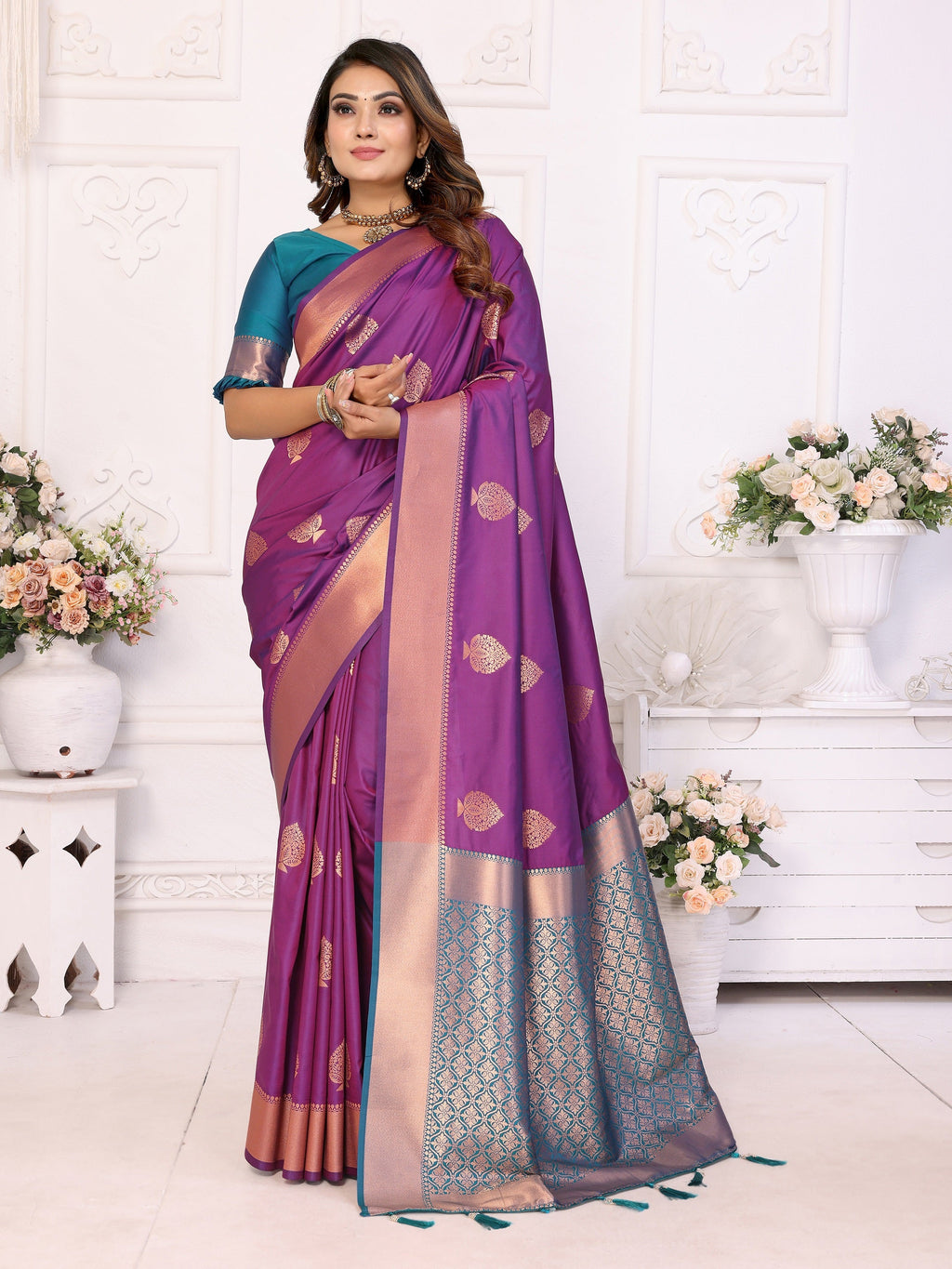 Vedant Vastram Soft Litchi Silk Banarasi Silk Saree - Purple - Distacart