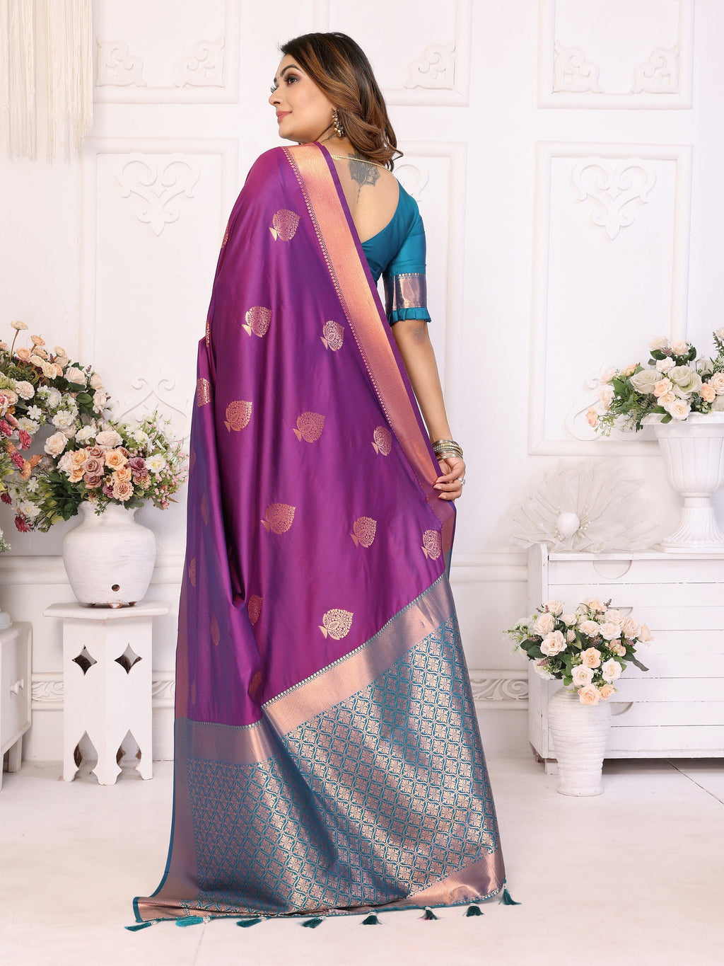 Vedant Vastram Soft Litchi Silk Banarasi Silk Saree - Purple - Distacart
