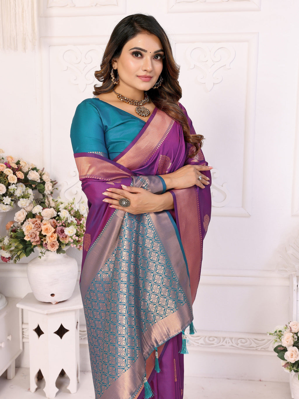 Vedant Vastram Soft Litchi Silk Banarasi Silk Saree - Purple - Distacart