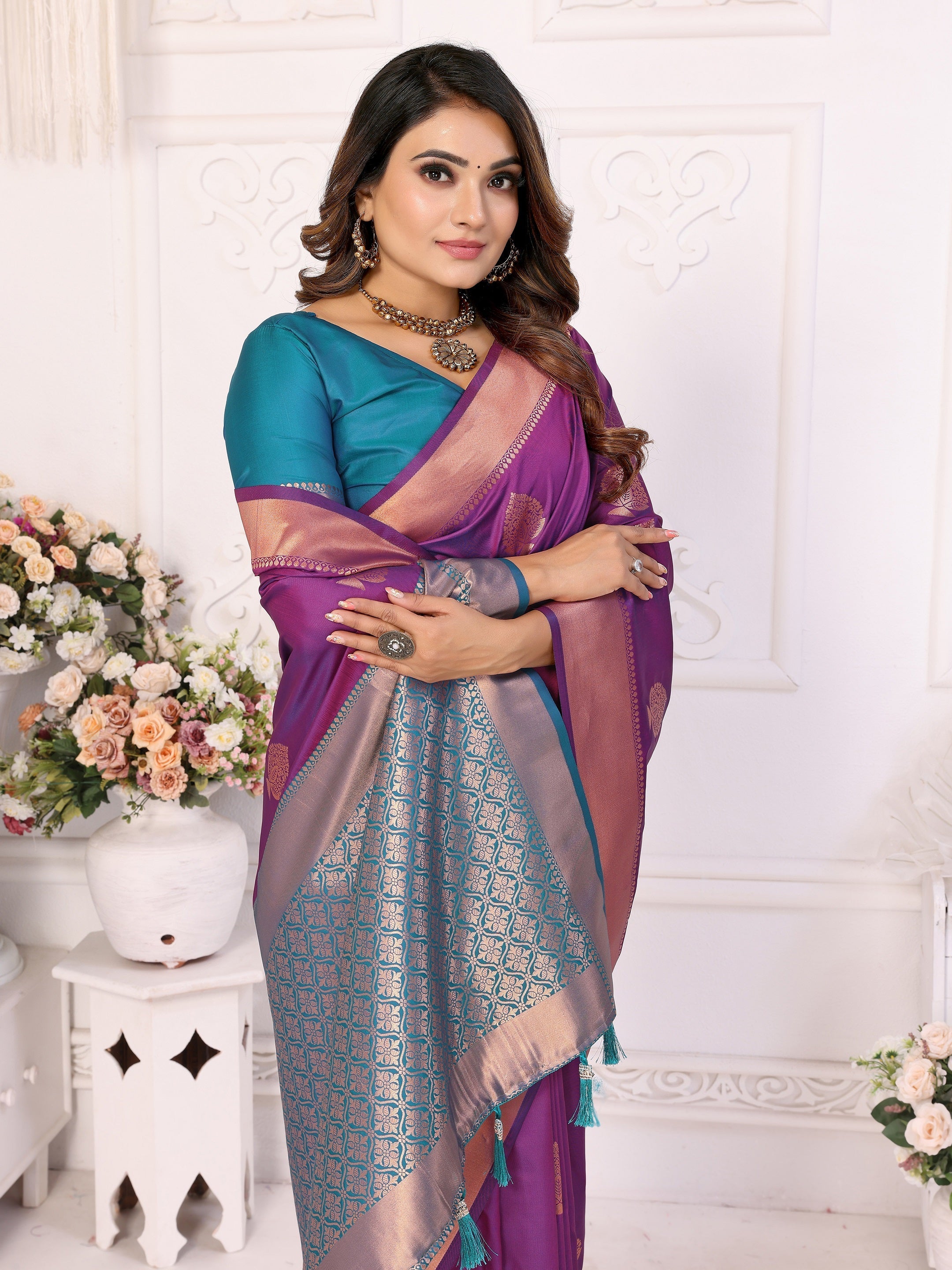Vedant Vastram Soft Litchi Silk Banarasi Silk Saree - Purple - Distacart