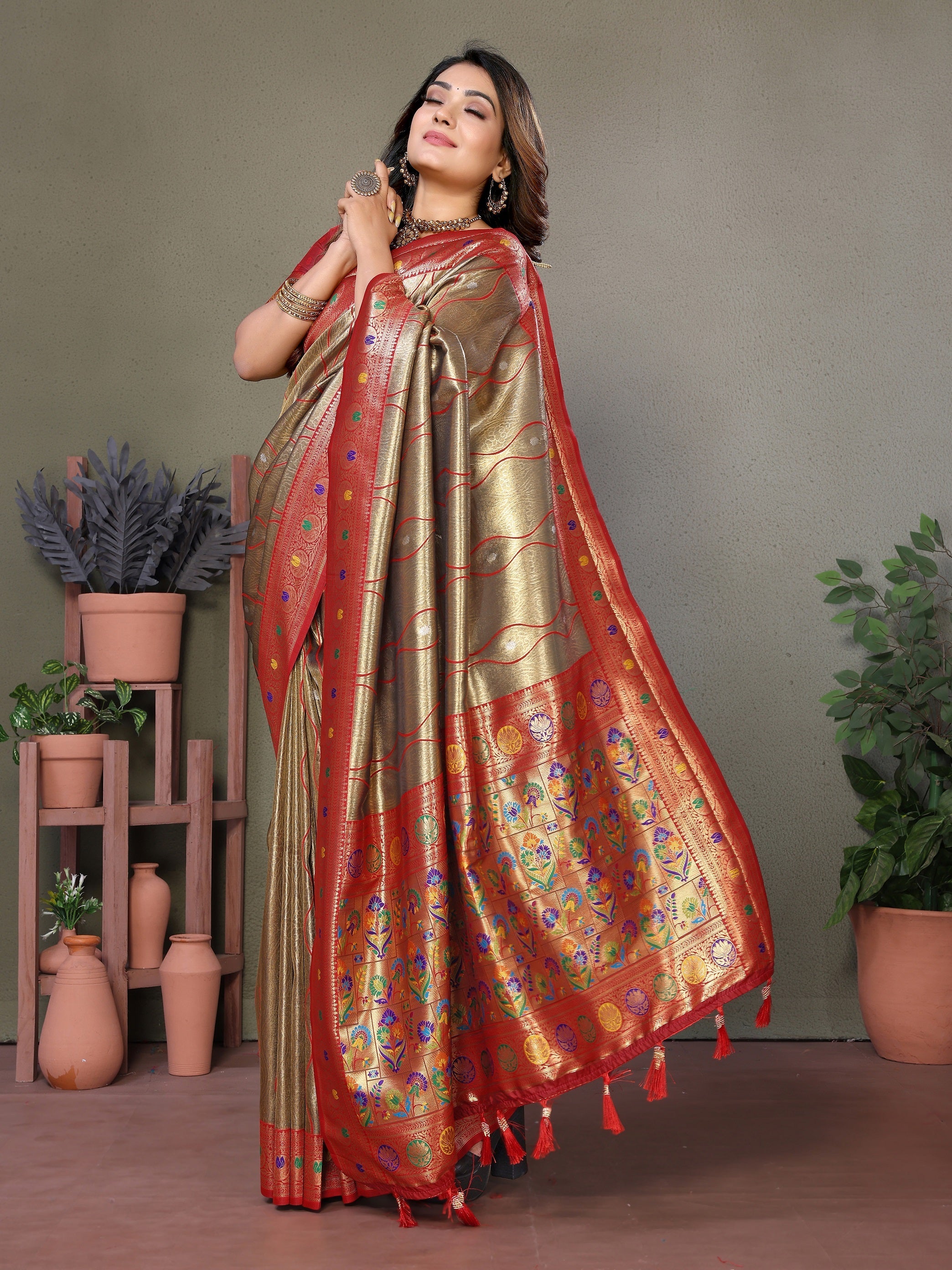 Vedant Vastram Tissue Silk Leheriya Design Kanjeevaram Silk Saree - Beige - Distacart