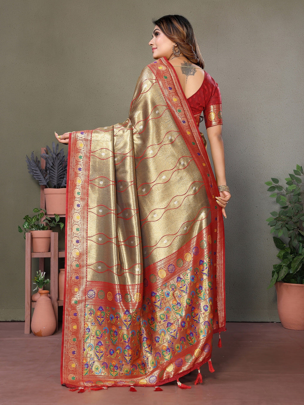 Vedant Vastram Tissue Silk Leheriya Design Kanjeevaram Silk Saree - Beige - Distacart