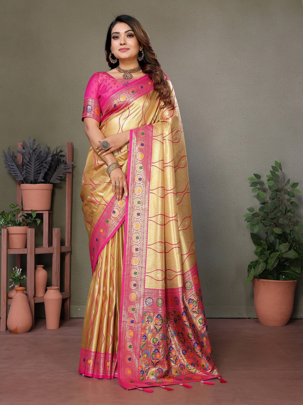 Vedant Vastram Tissue Silk Leheriya Design Kanjeevaram Silk Saree - Gold - Distacart