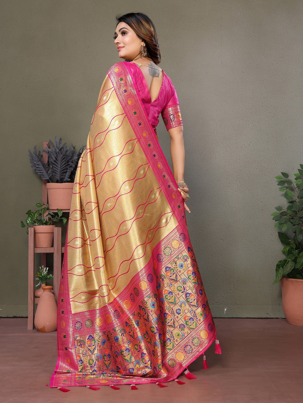 Vedant Vastram Tissue Silk Leheriya Design Kanjeevaram Silk Saree - Gold - Distacart