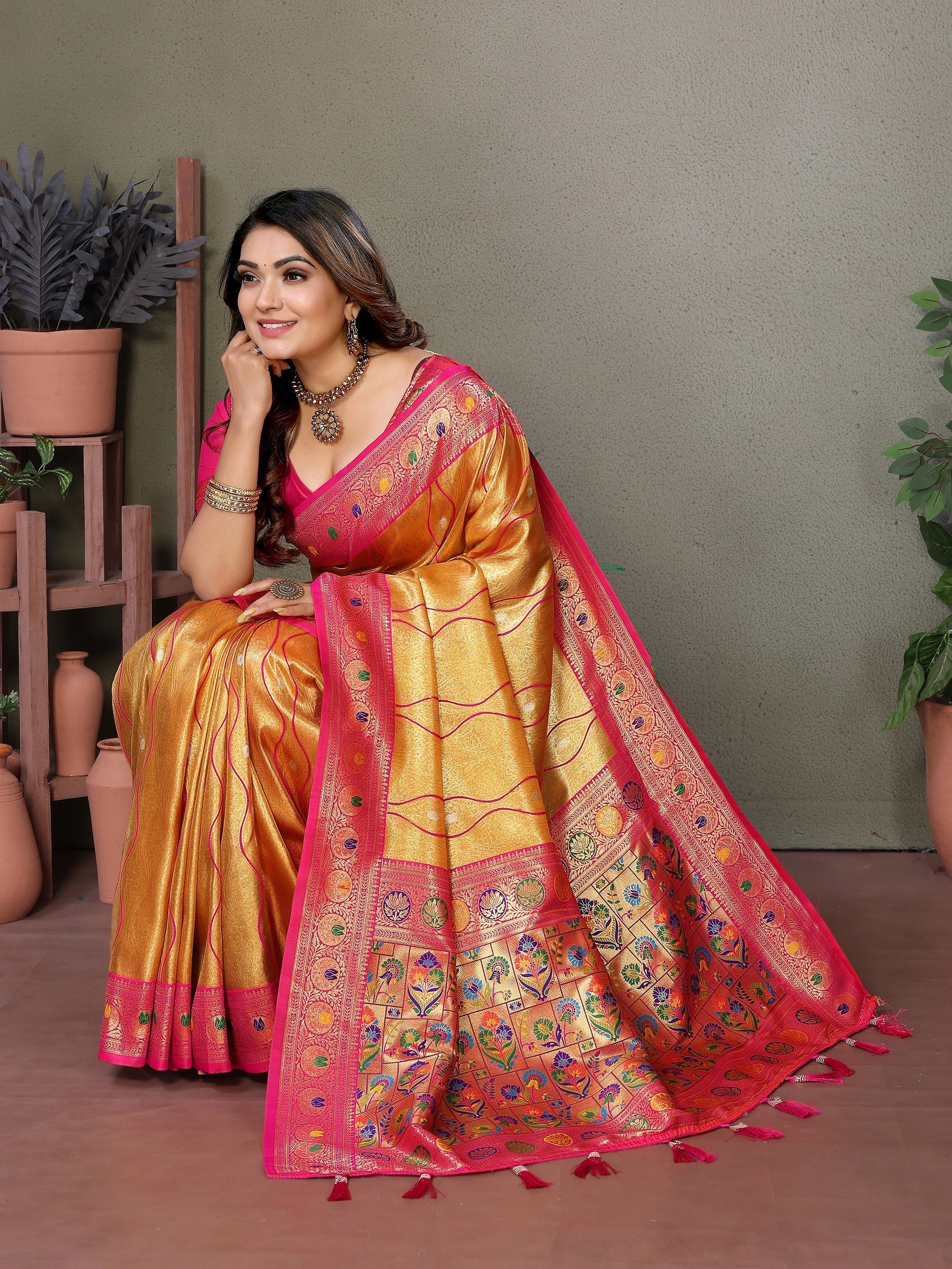 Vedant Vastram Tissue Silk Leheriya Design Kanjeevaram Silk Saree - Mustard - Distacart