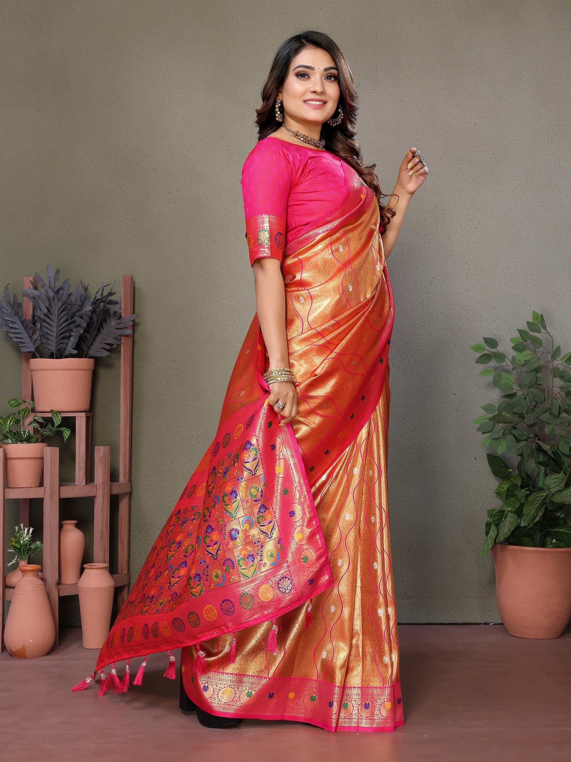 Vedant Vastram Tissue Silk Leheriya Design Kanjeevaram Silk Saree - Orange - Distacart