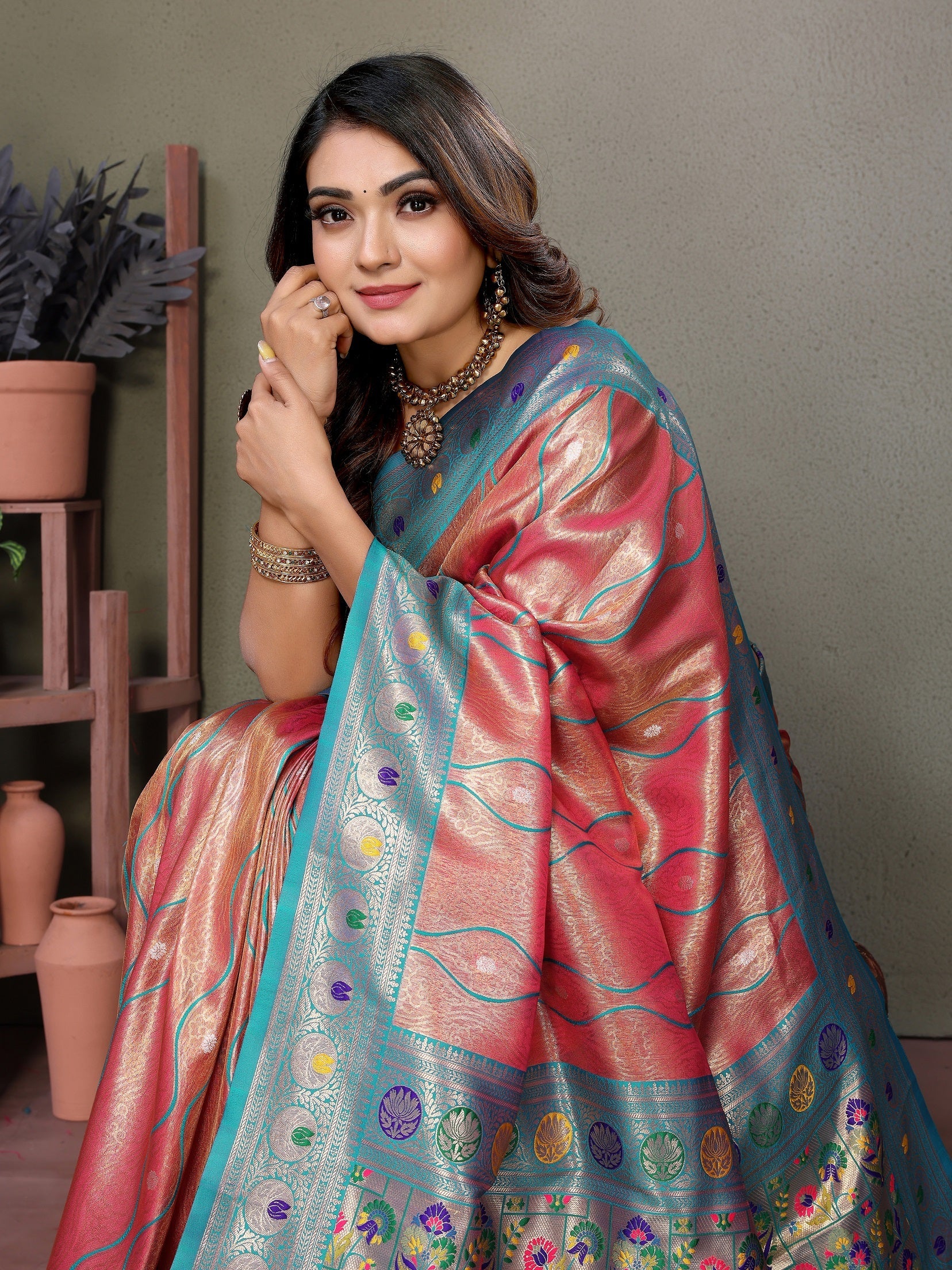 Vedant Vastram Tissue Silk Leheriya Design Kanjeevaram Silk Saree - Peach - Distacart