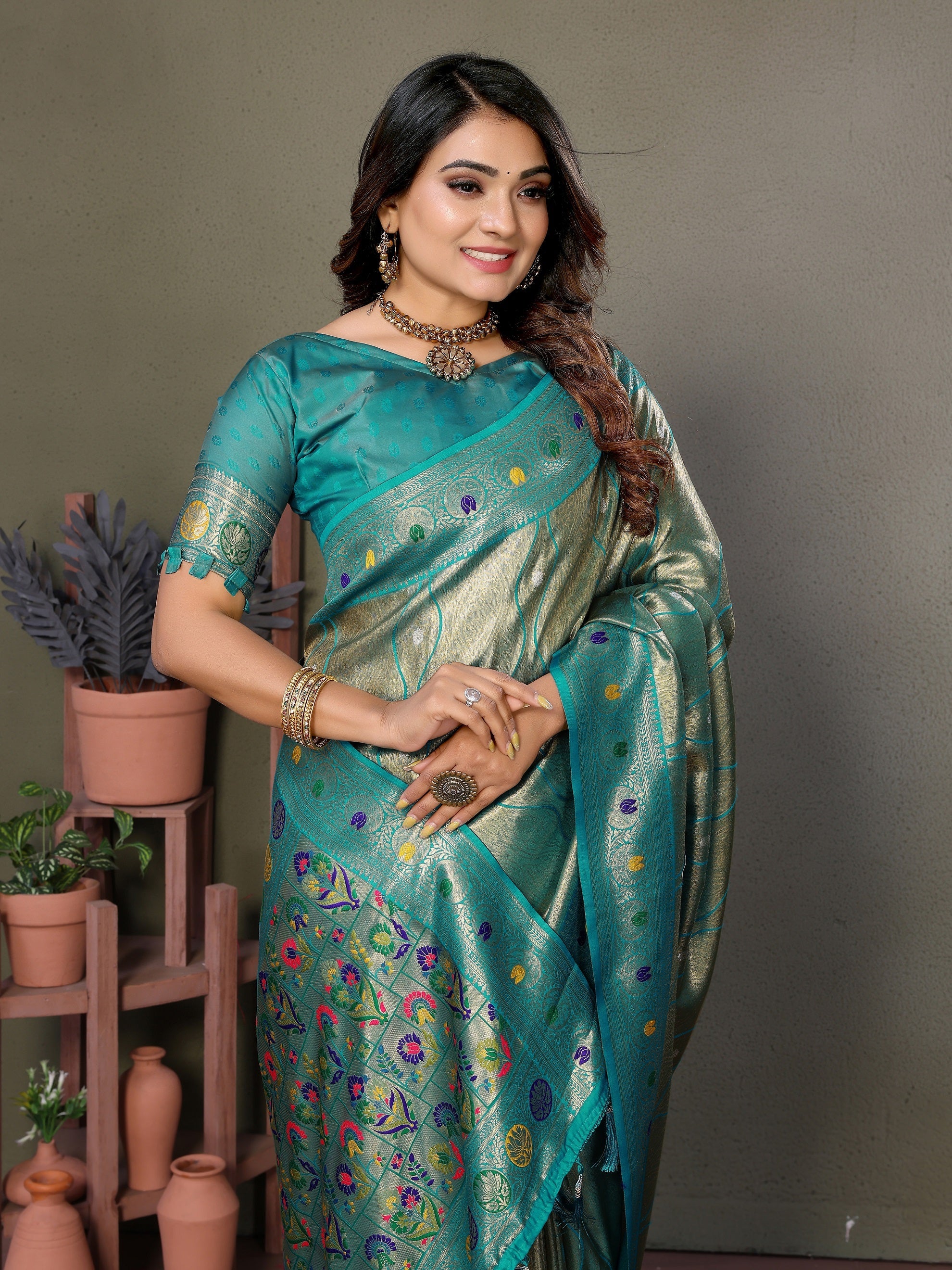 Vedant Vastram Tissue Silk Leheriya Design Kanjeevaram Silk Saree - Rama - Distacart