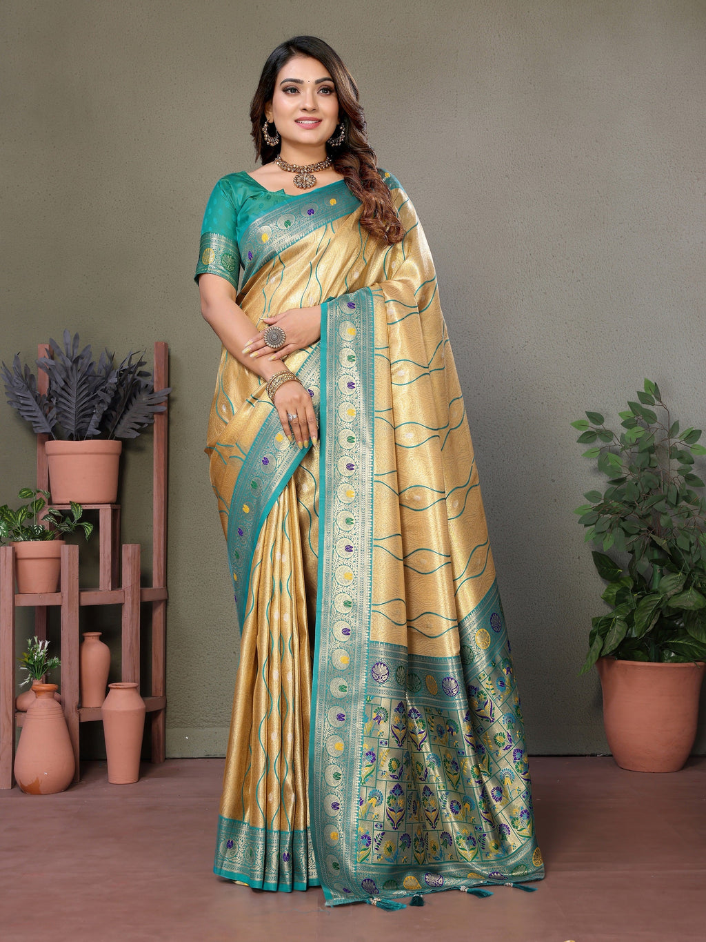 Vedant Vastram Tissue Silk Leheriya Design Kanjeevaram Silk Saree - Yellow