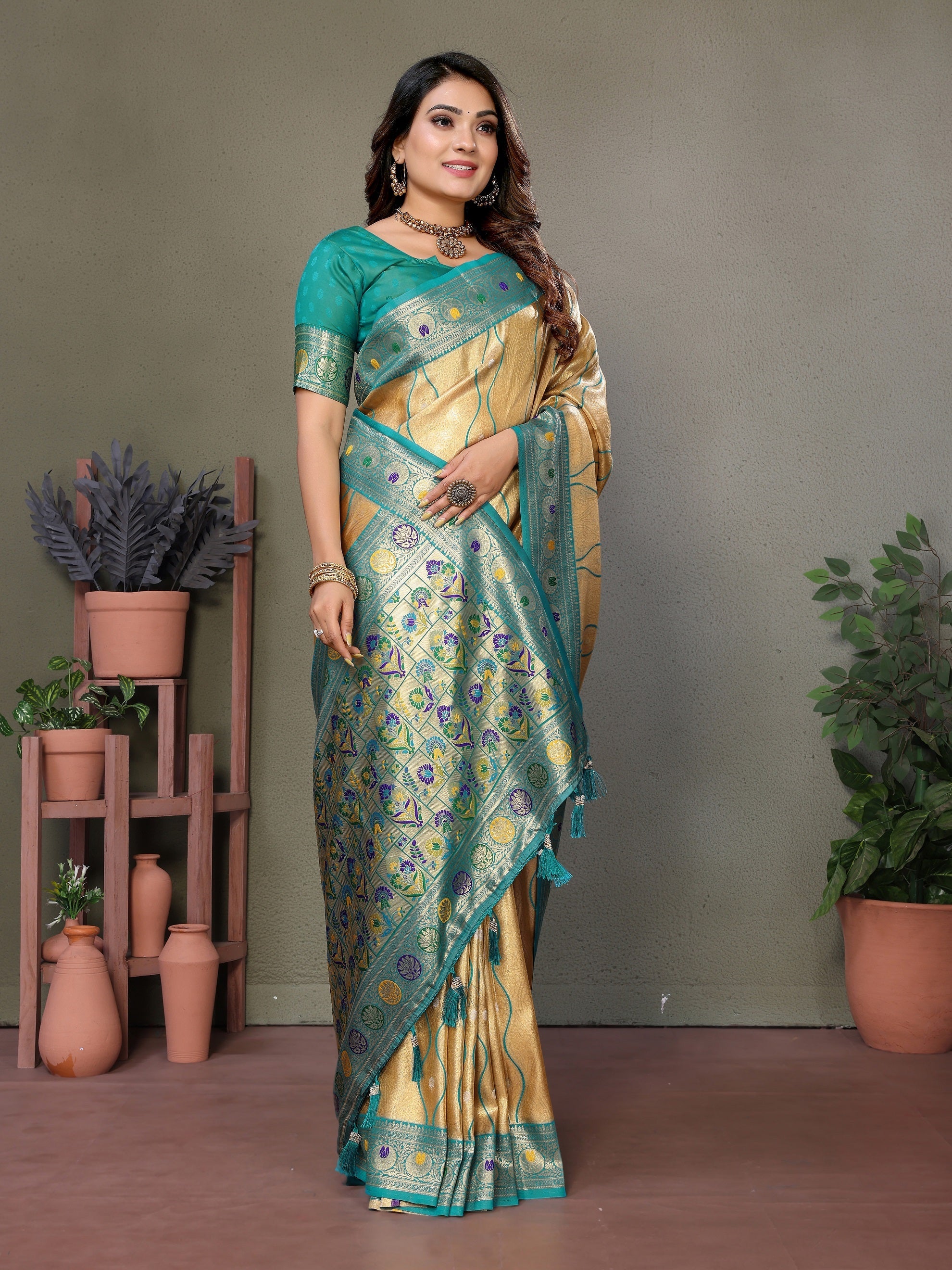 Vedant Vastram Tissue Silk Leheriya Design Kanjeevaram Silk Saree - Yellow